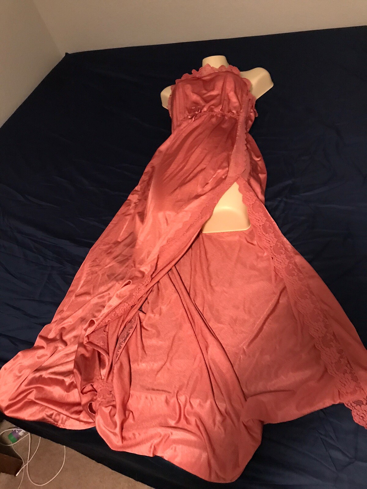 Vtg M Tall Lady Cameo Salmon Soft Nylon Nightgown Negligee Gown Lace