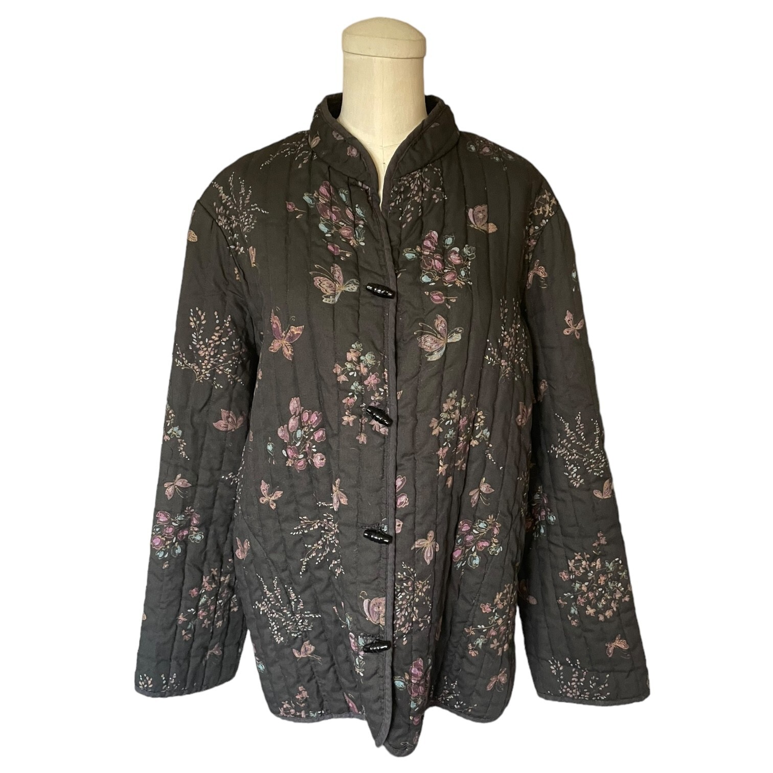 Vintage Jon Woods Quilted Butterfly Jacket Grey Purple Pink Floral Asian Look