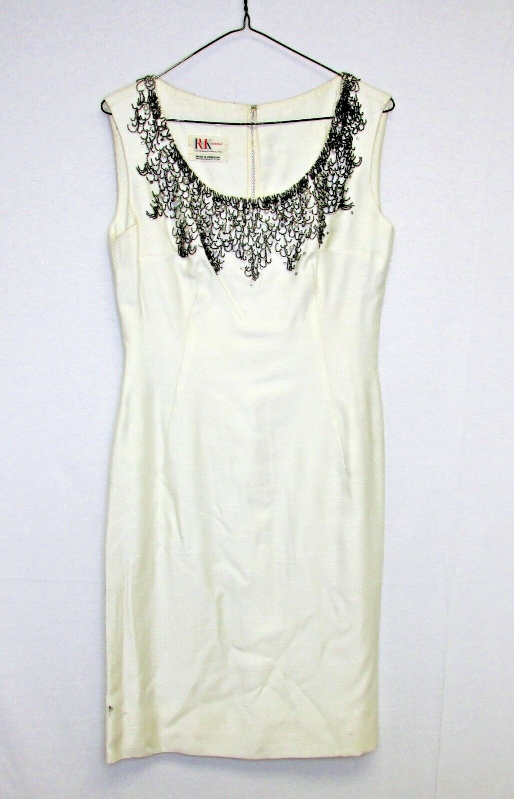 Vintage 60s R&K Originals Cream Shantung Gray Beaded Sheath Dress Holiday 34″