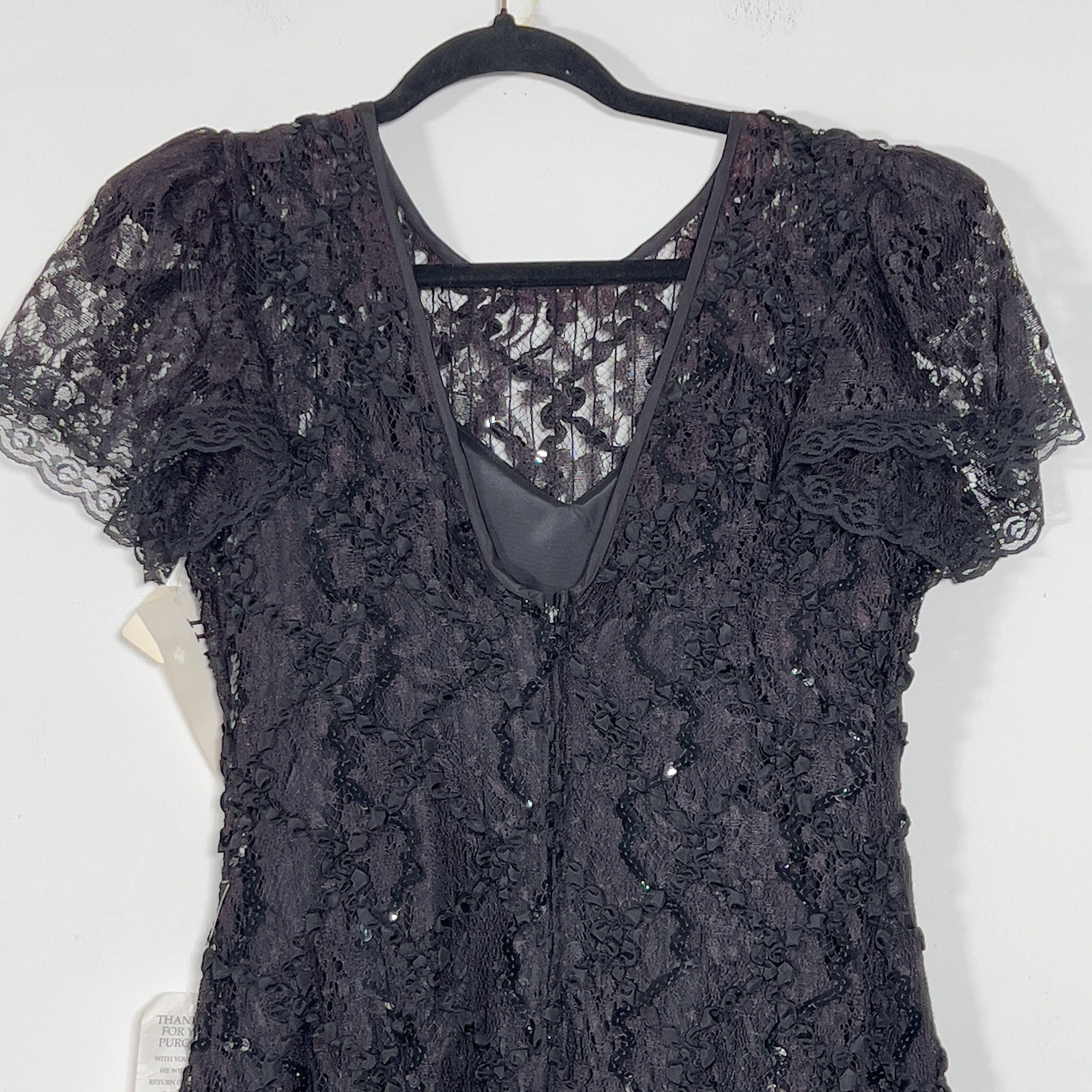 Vtg HW Collections Sequined Lace Overlay Midi Dress Sz S/XS Black Scoop Back