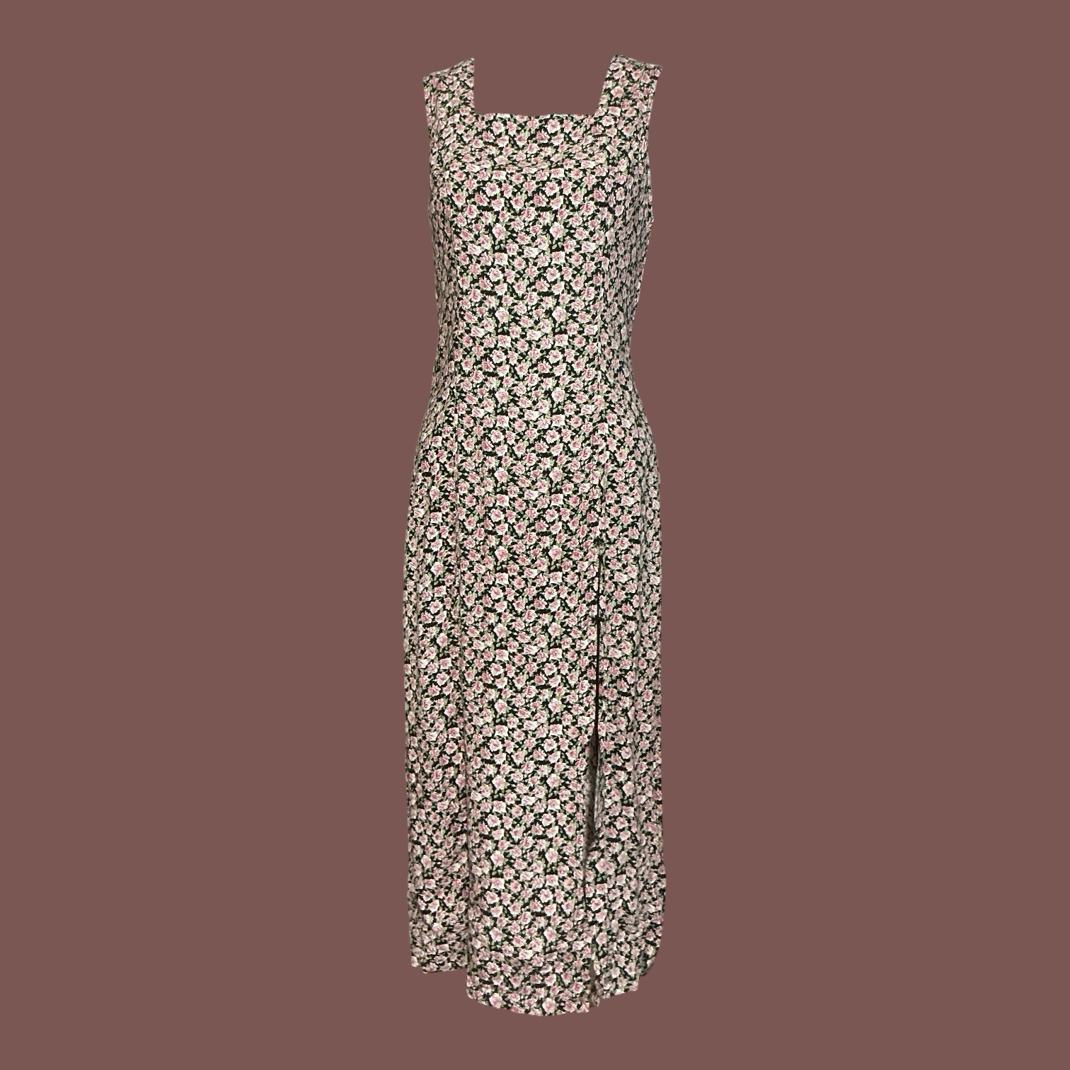 Vintage 90s Somerset Black Pink Rose Rayon Midi Dress Square Neck