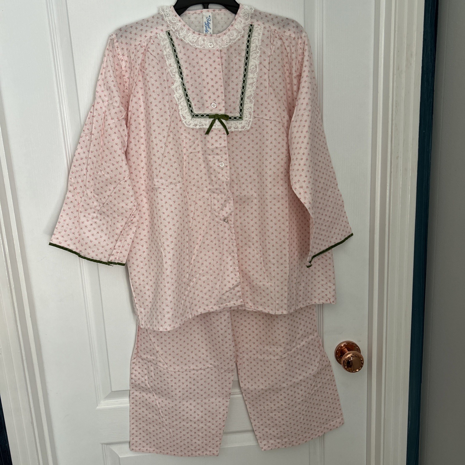 Vintage Ideal Lady Full Length Cotton Pajamas Size 40/L Pink Flowers Green Trim