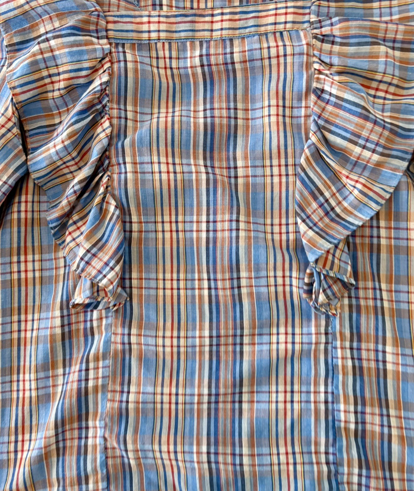 Vintage 70s Plaid Prairie Ruffle Blouse M Cottagecore Puff Sleeve Peasant Top