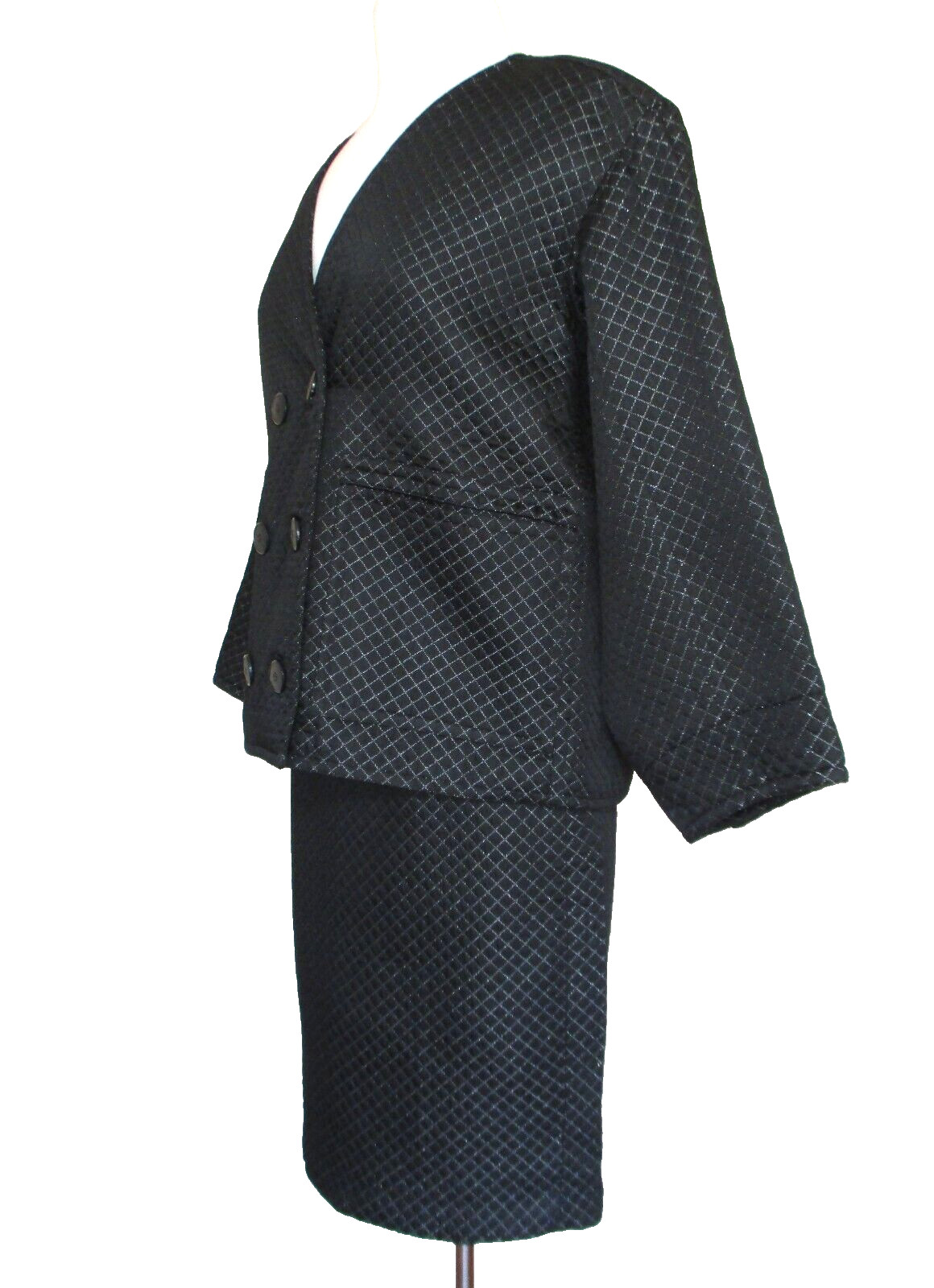 Vtg Bill Blass Skirt Suit Small Women Black Quilted Silver Thread Boxy Jacket