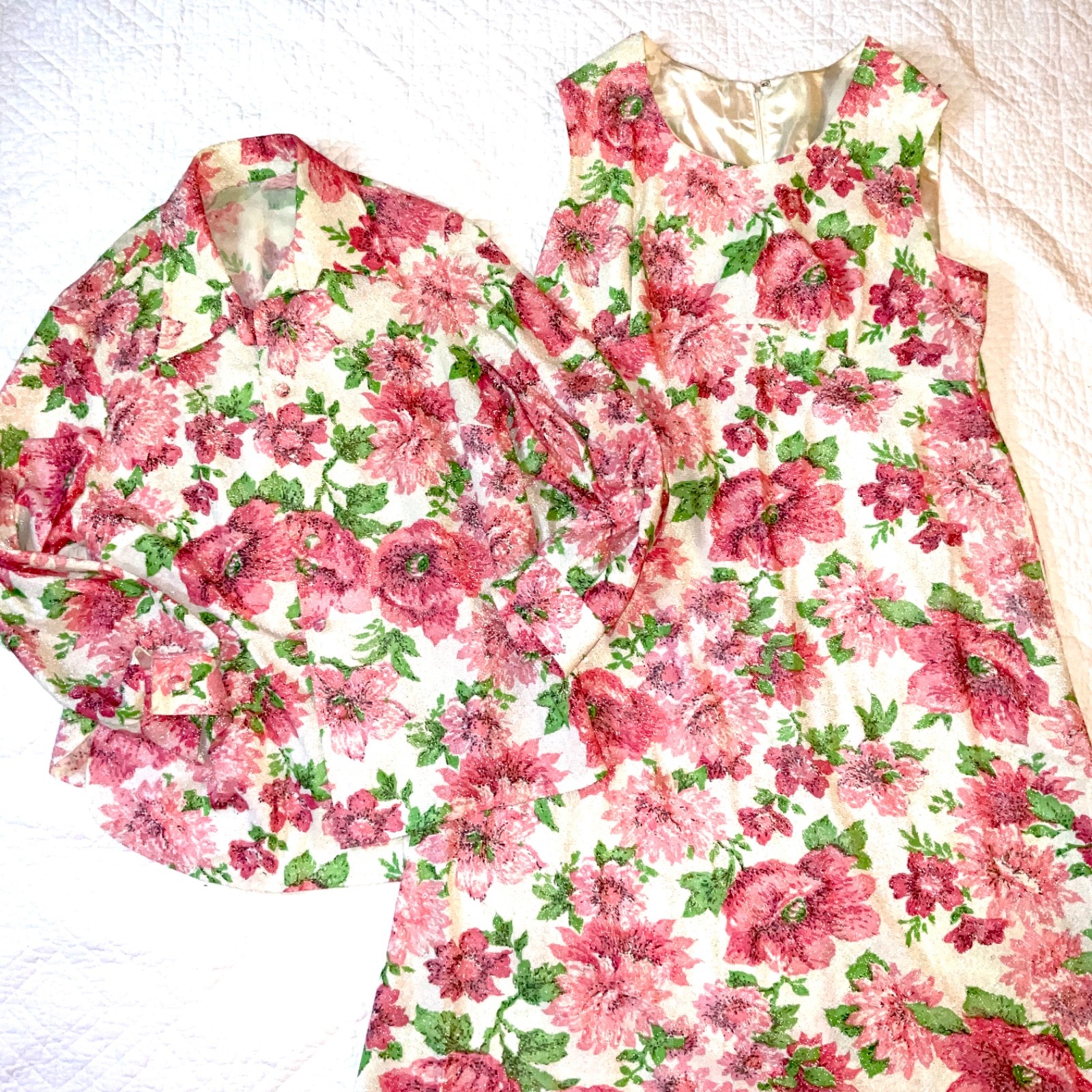 Vintage 60s maxi dress shirt set Womens size 18 XL floral metallic pink green