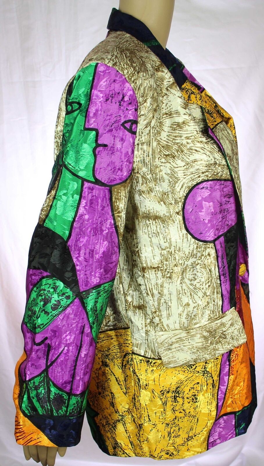 Vintage Satin Blazer Jacket PICASSO Double Face All Over Cubist Print 1980s XL