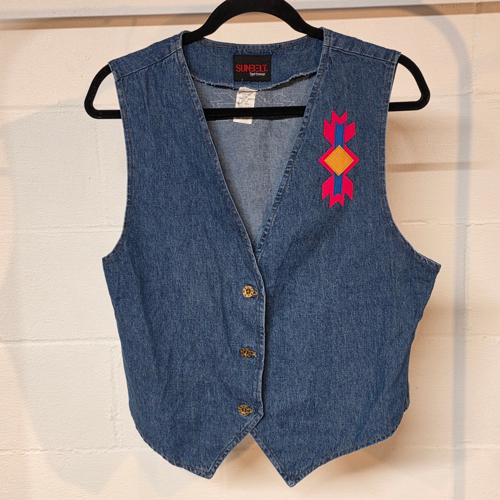 Vintage Sunbelt Sportswear Denim Vest Womens Medium Blue Southwestern Applique