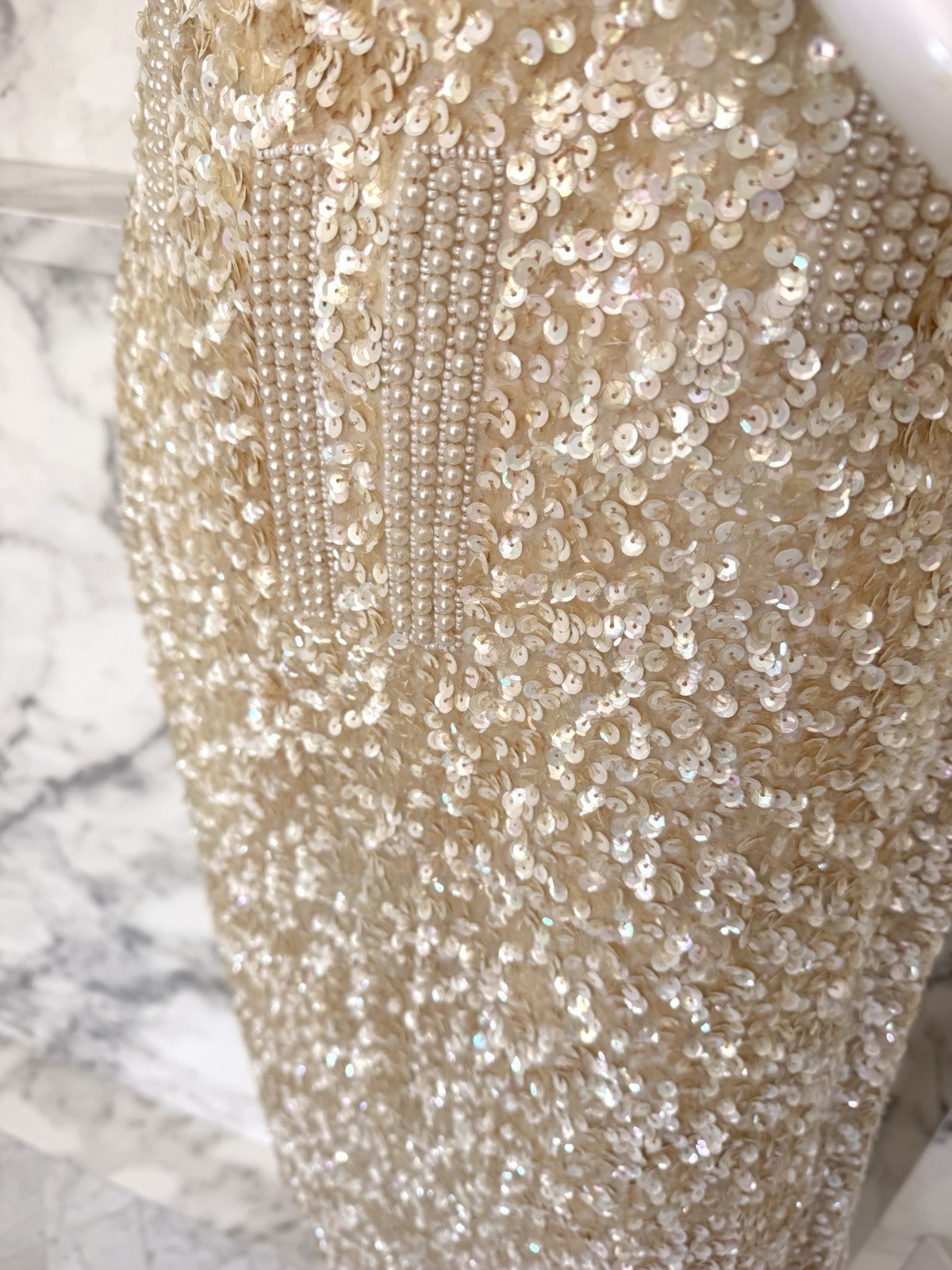 Vintage Laurence Kazar Paris II Nude Gold Sequin Pearl Beaded Cocktail Dress M