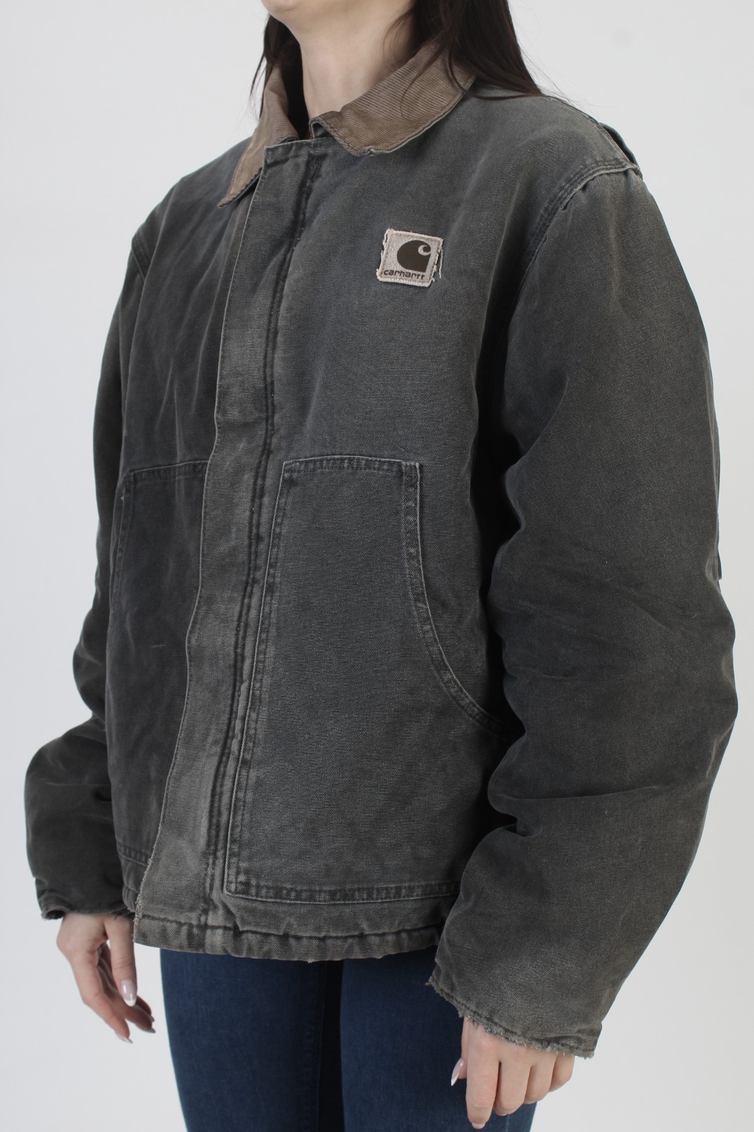 Vintage Carhartt Corduroy Collar Coat Insulated Black Chore Work Full Zip Jacket