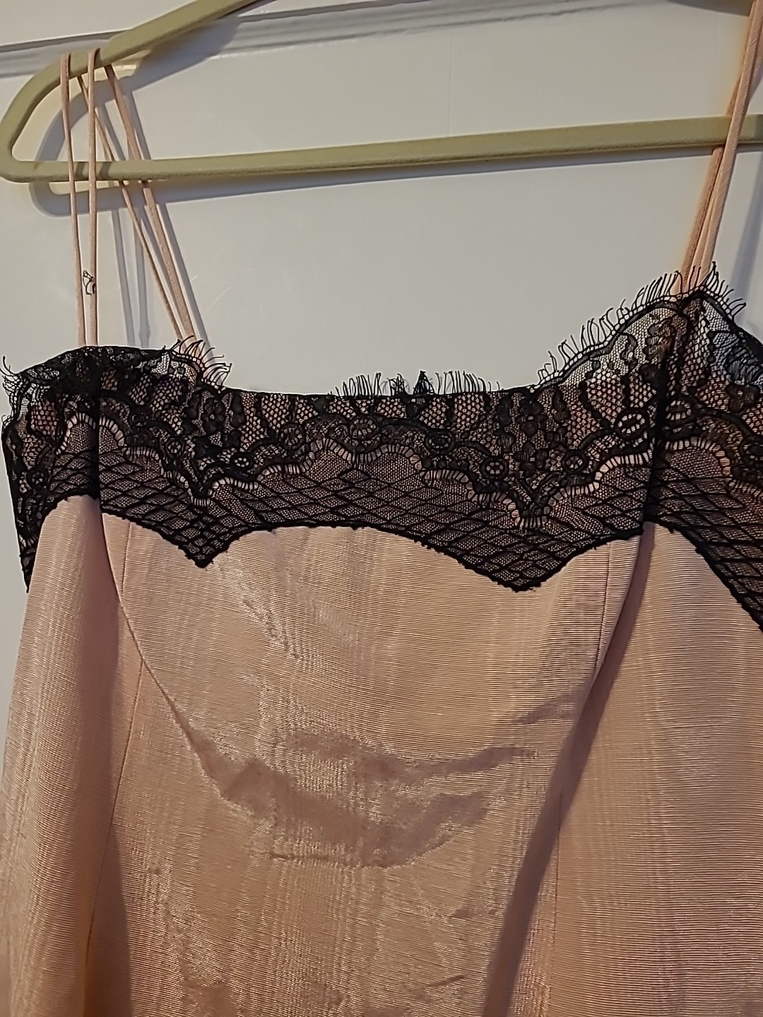 Vintage Dusty Rose Pink Slip Taffeta Dress Black Lace Trim Straps Kathlin Argiro