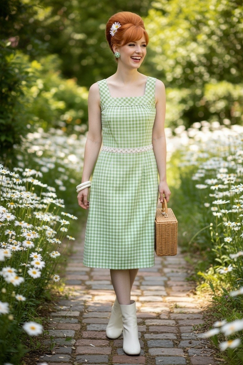 Vintage The Sporting Tailors 60s Gingham Dress Square Neck Midi Green White S