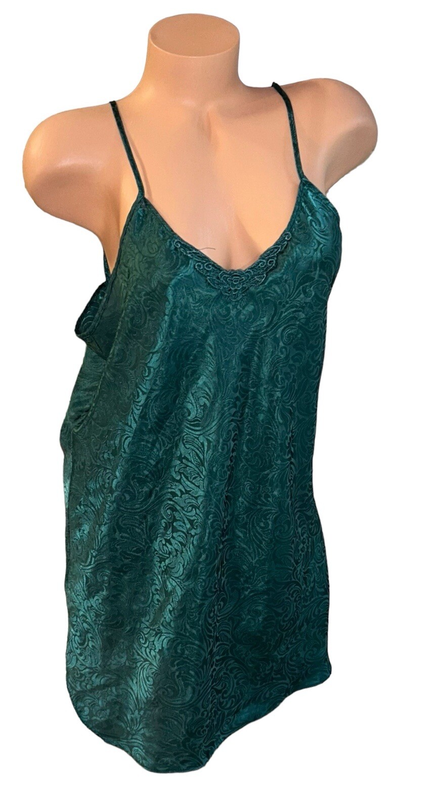 Romantic Moods Green Shiny Embossed Paisley Satin Nightie Slip Dress Nightgown L