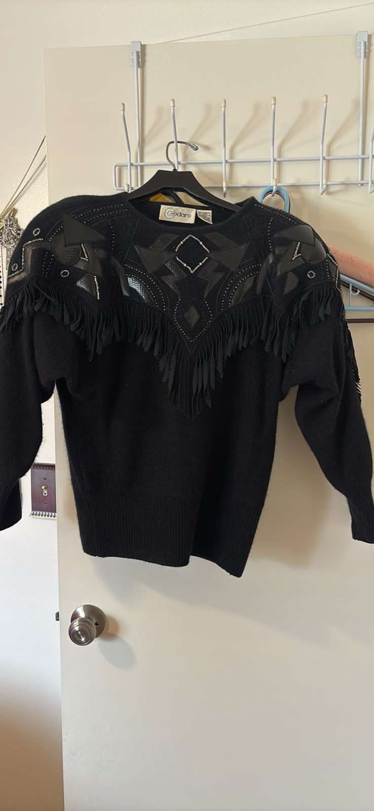 Vintage western style fringe sweater faux leather design fringe beadwork M