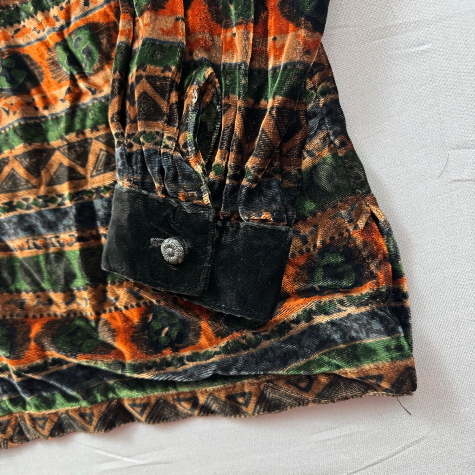 Gotcha Covered Vintage Velvet Burnout Shirt Southwestern Geometric Green Orange