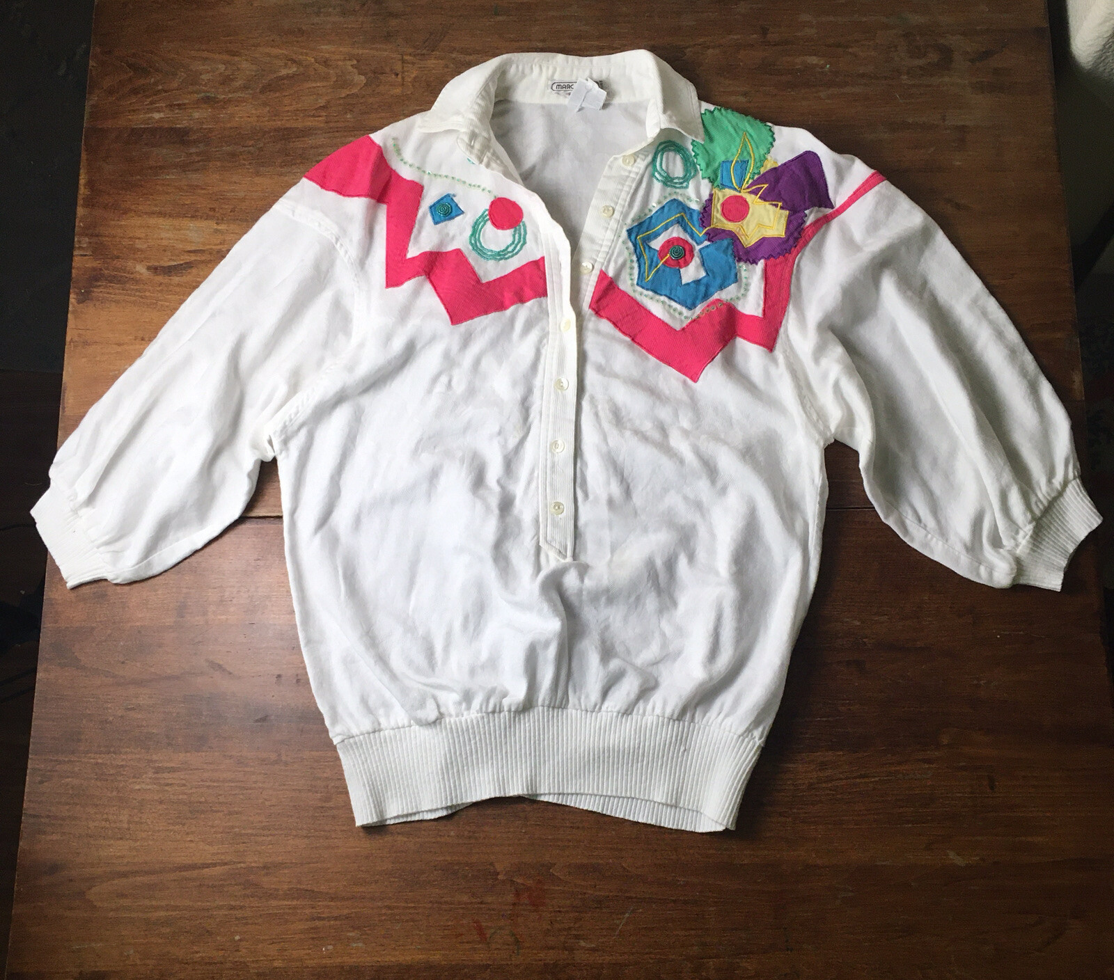 Marc D’alcy White Blouse With Geometric Patches and Beads 1980s Vintage