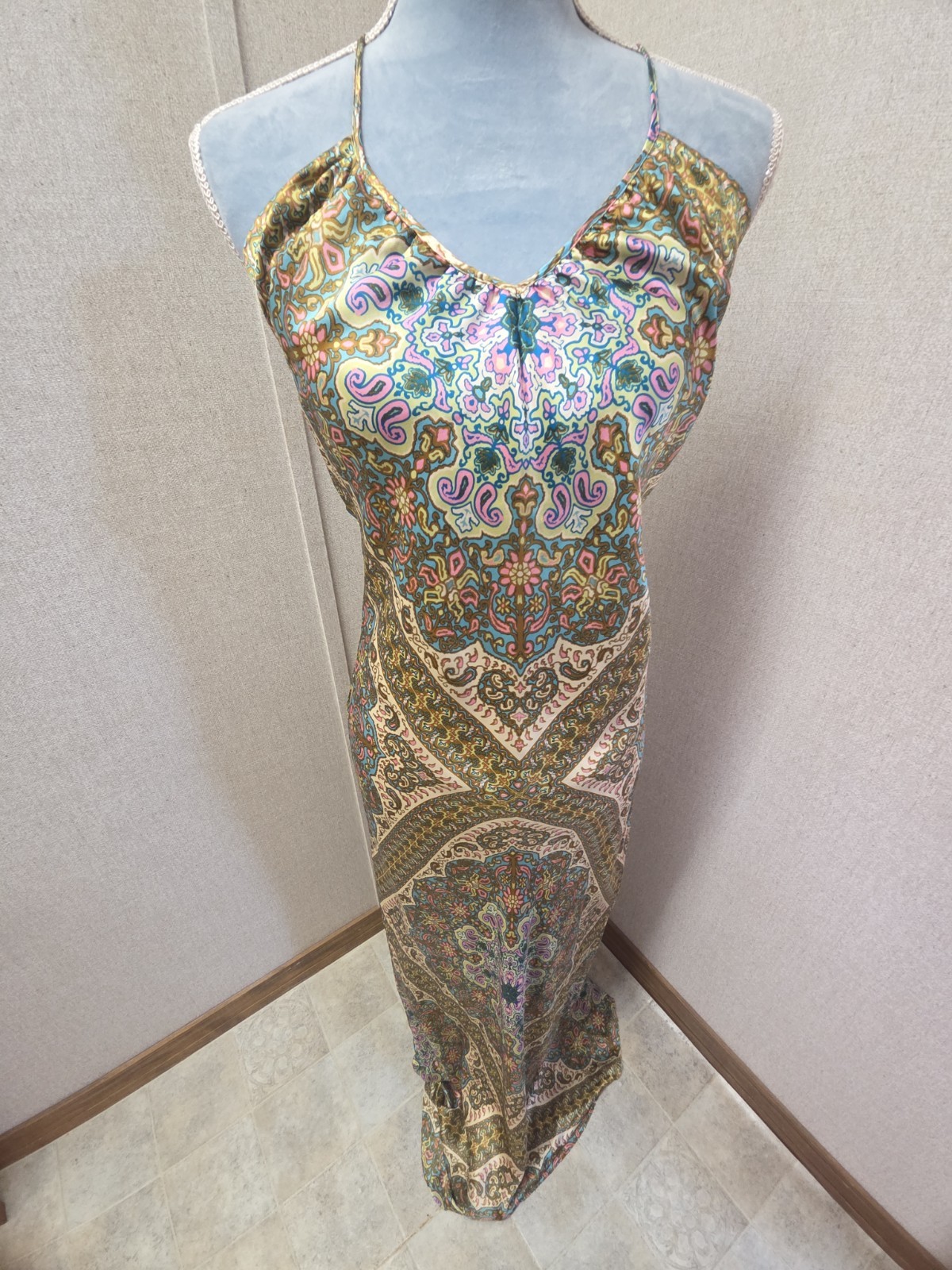 Vintage Y2k Paisley Nicole Miller Collection 100% Silk Backless fairy Gown SZ 10