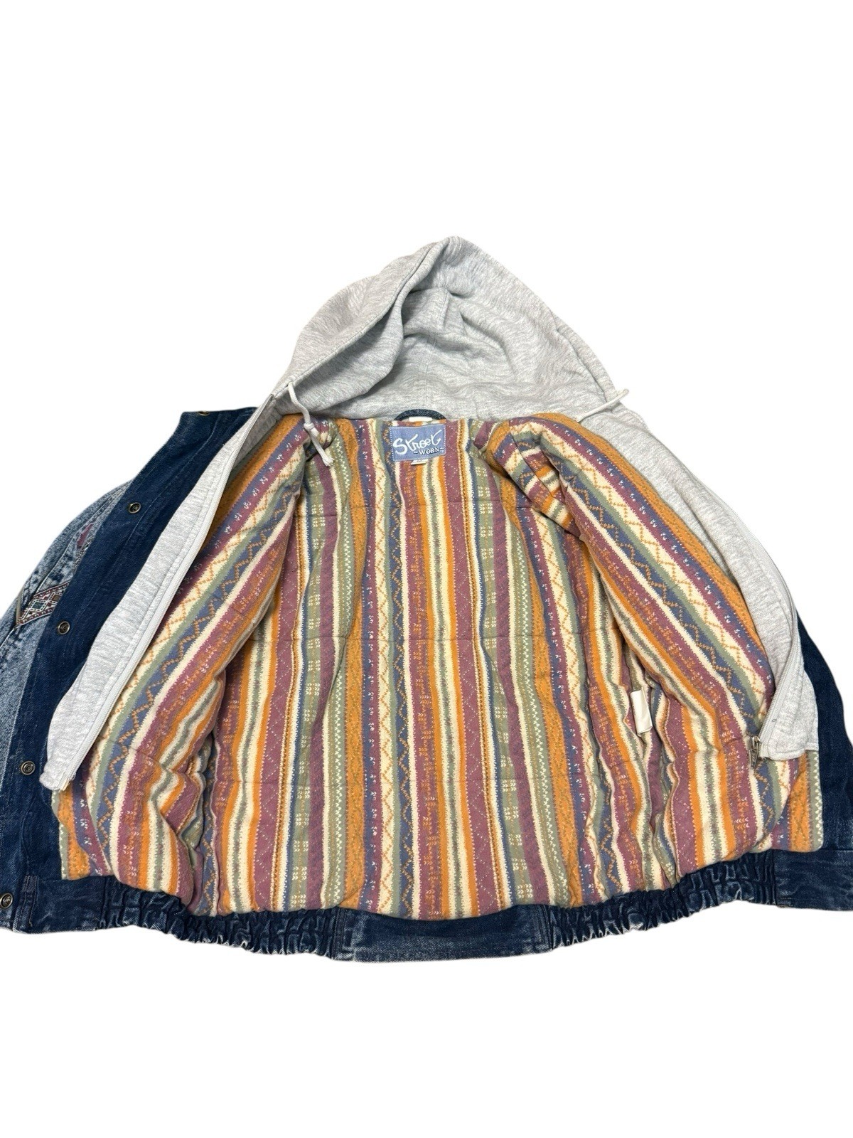 Street Worn VTG Acid Wash Denim Hoodie Jacket Aztec 90s Style Streetwear Sz 10