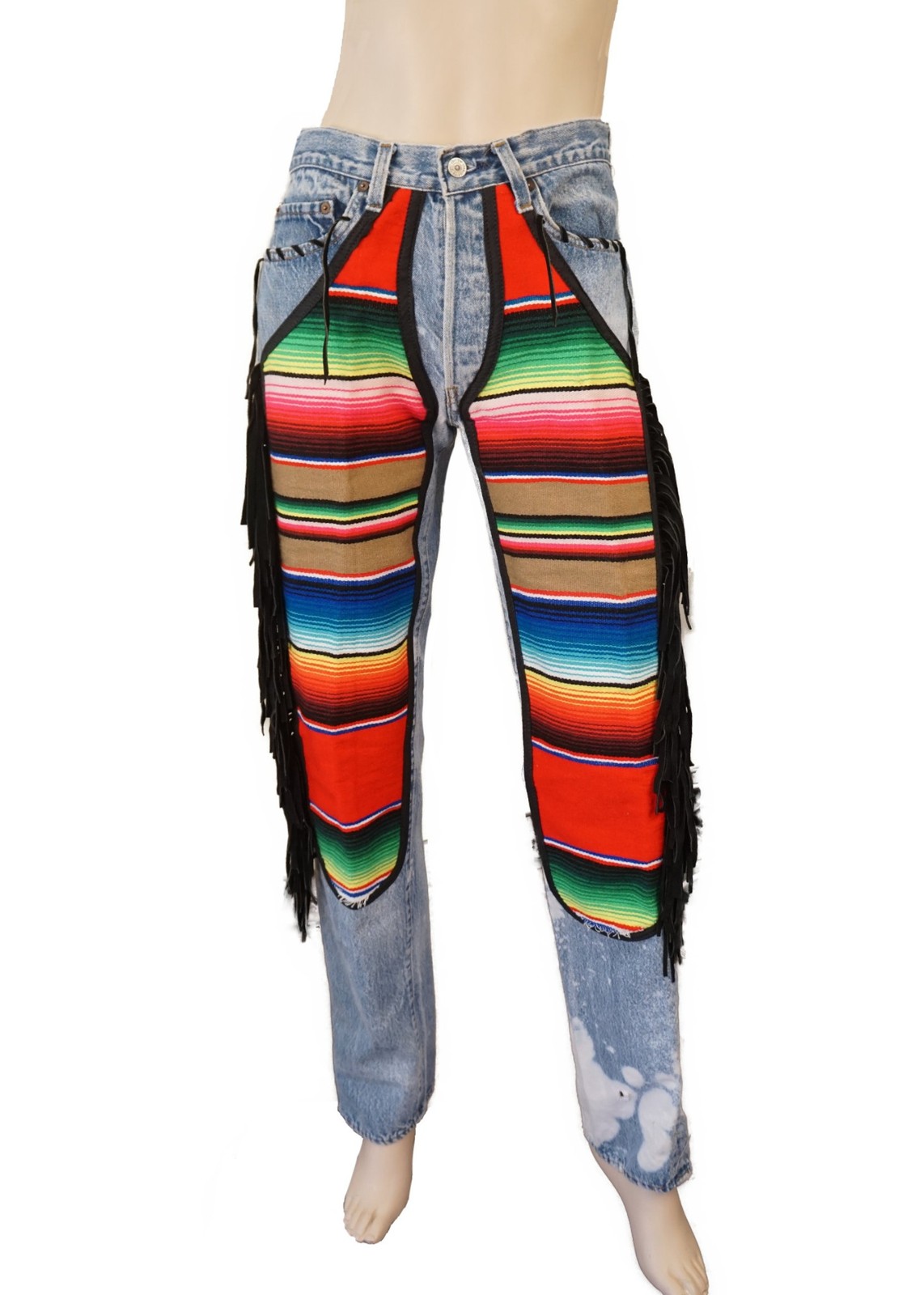 VINTAGE 80s Reworked Levi’s Jacket Sml Jeans Med Leather Fringe Mexican Blanket