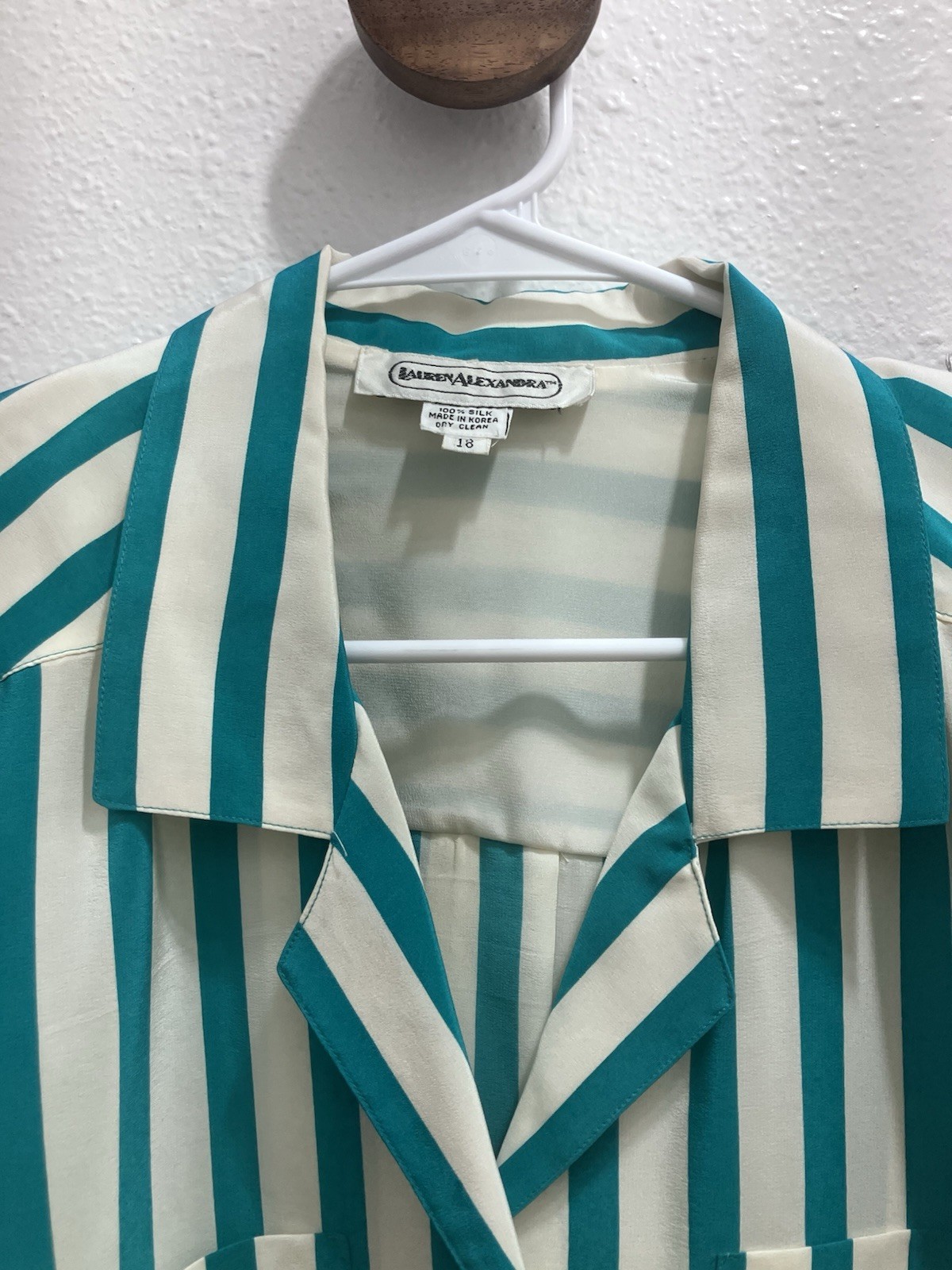 VTG 100% Silk Lauren Alexandra Striped Button-Down Shirt Women’s 18 Aqua & White