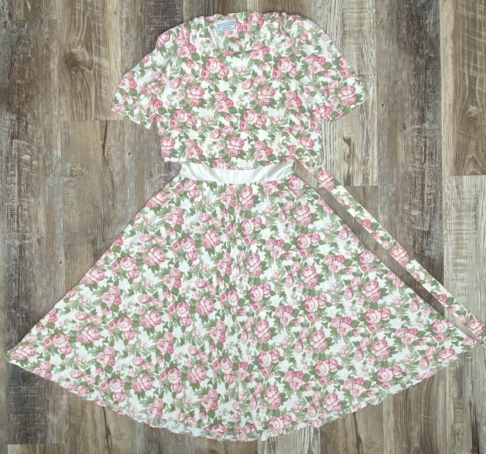 1980s ED Michaels Belted Illusion Dress Florals Rayon Modest Size 9/10 Petite