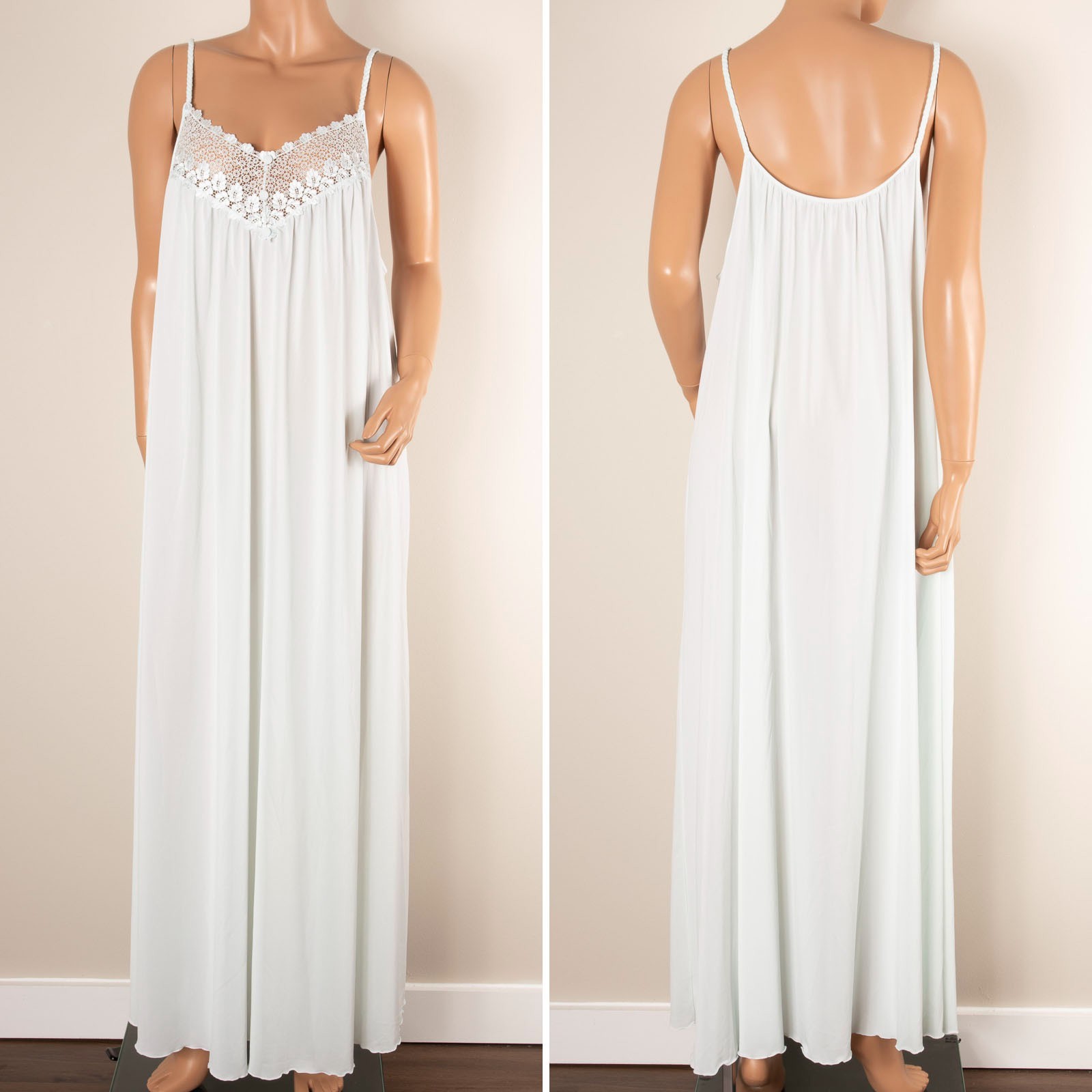 VTG 80s SHADOWLINE Nightgown Long Dress Nylon Light Blue Braided Straps Lace 2X