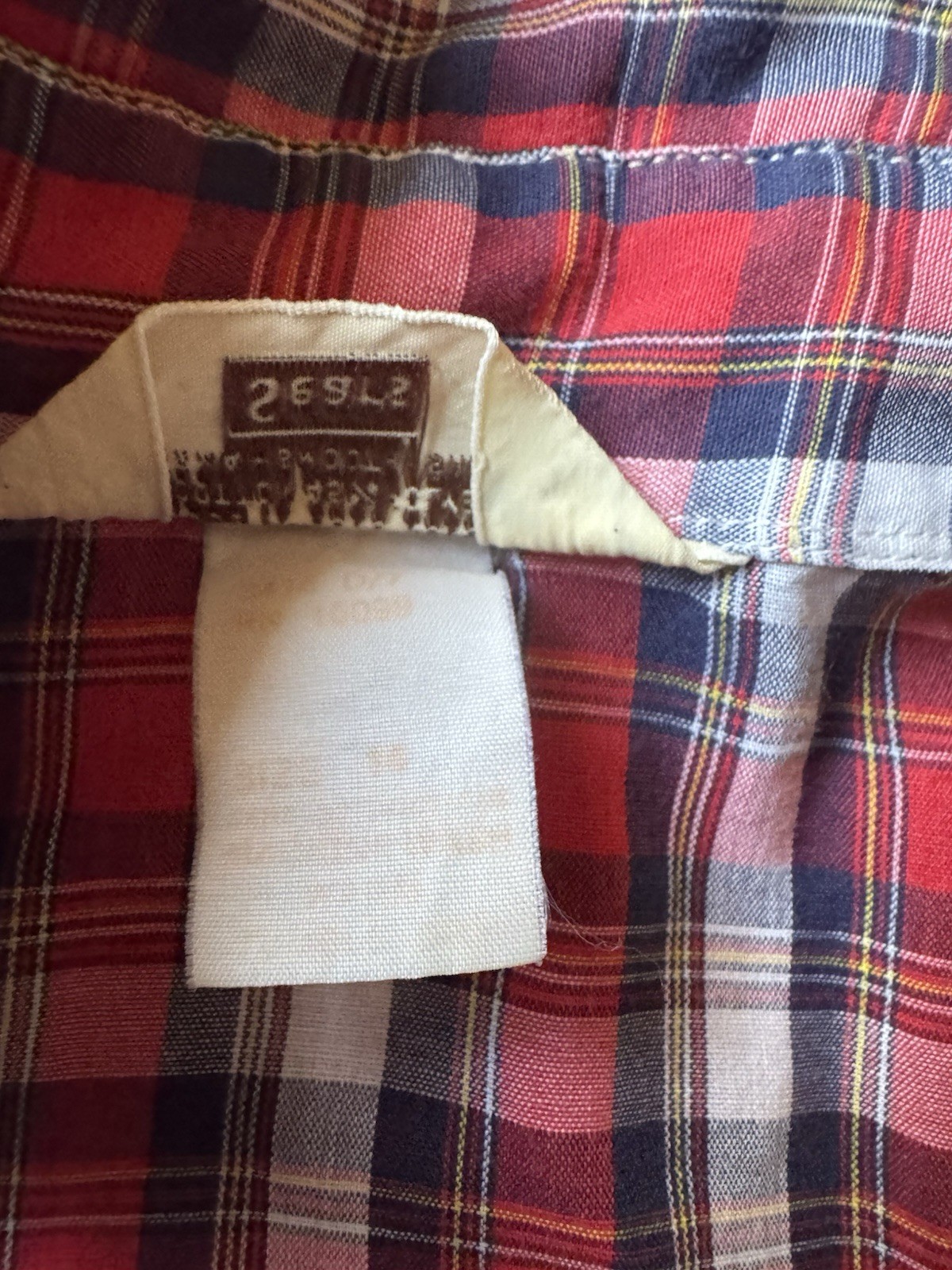 Vintage 70s Sears The Fashion Place Red Blue Plaid Button Down Shirt Size 14