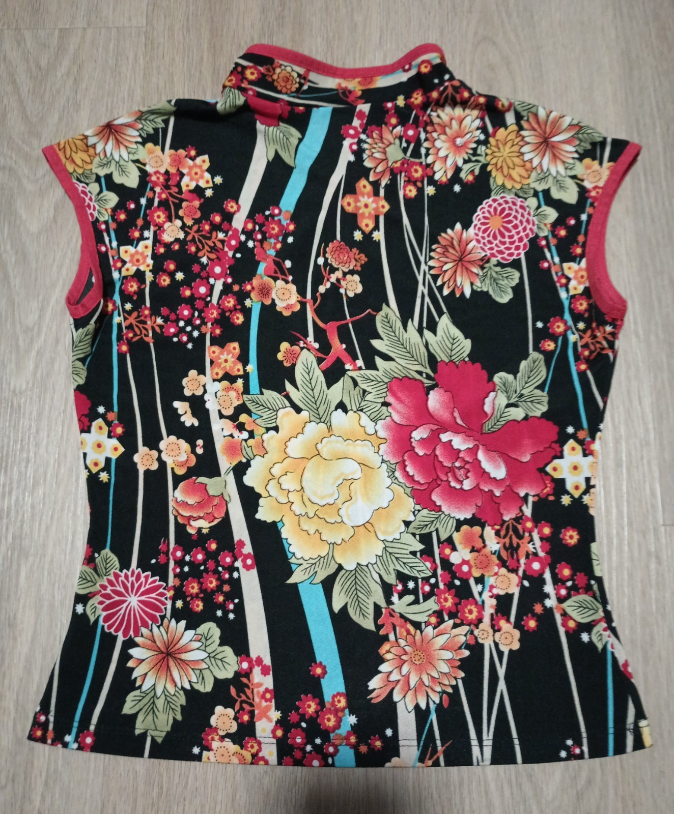 Vtg 90s Asian Art Artsy Painting Inspired Floral Mandarin Collar Stretchy Top XS