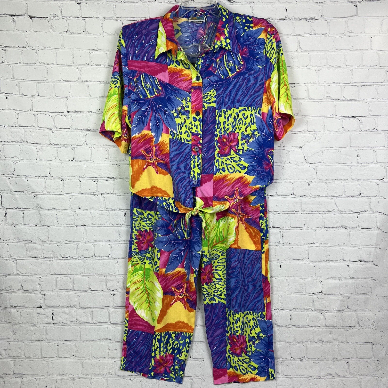 Vintage Sea Suns Neon Bright Floral Tropical Leopard Beach Pants & Top Set XL