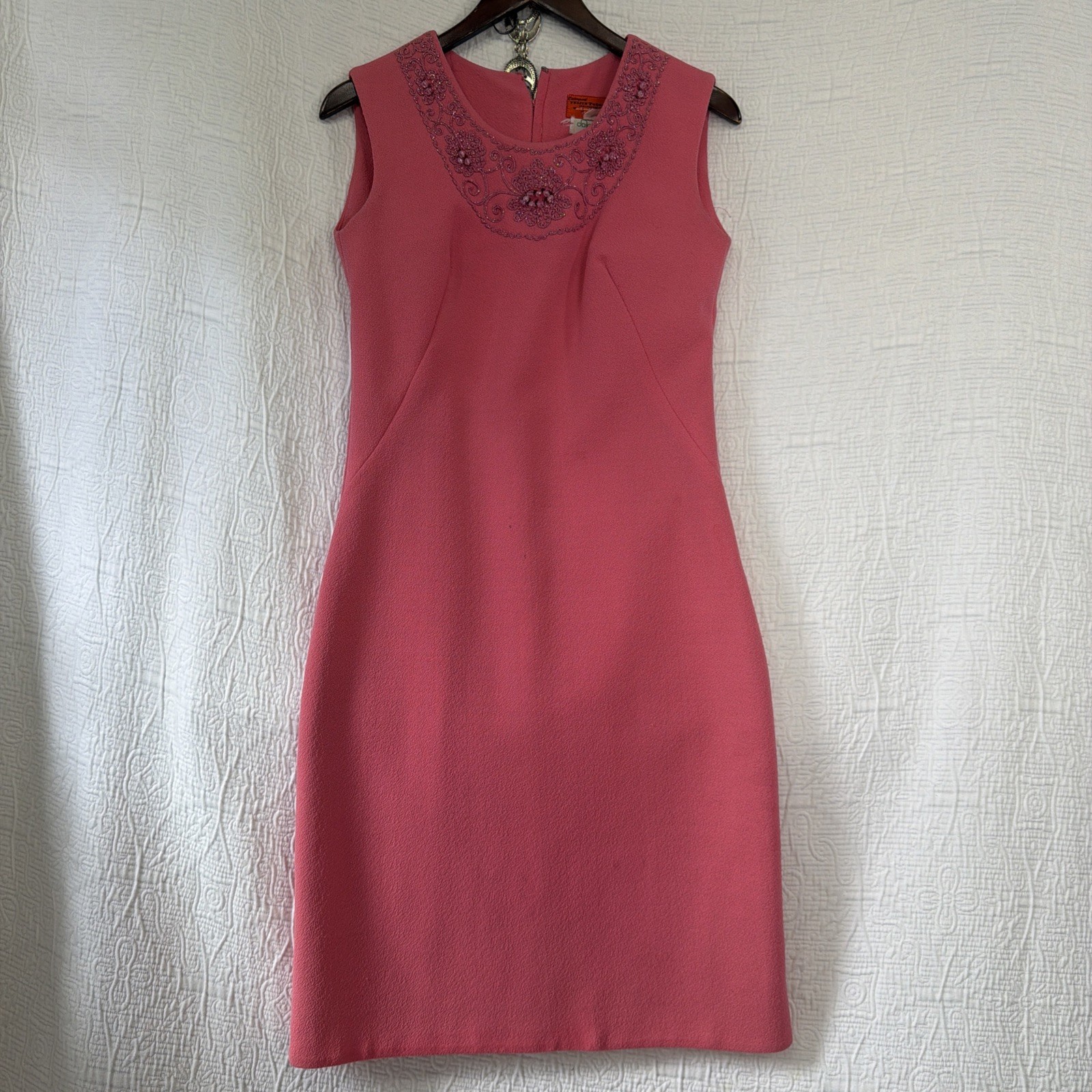 Vintage Dolores Beaded Dress Size 34 Pink Sleeveless Midi Sparkly Wiggle Sheath