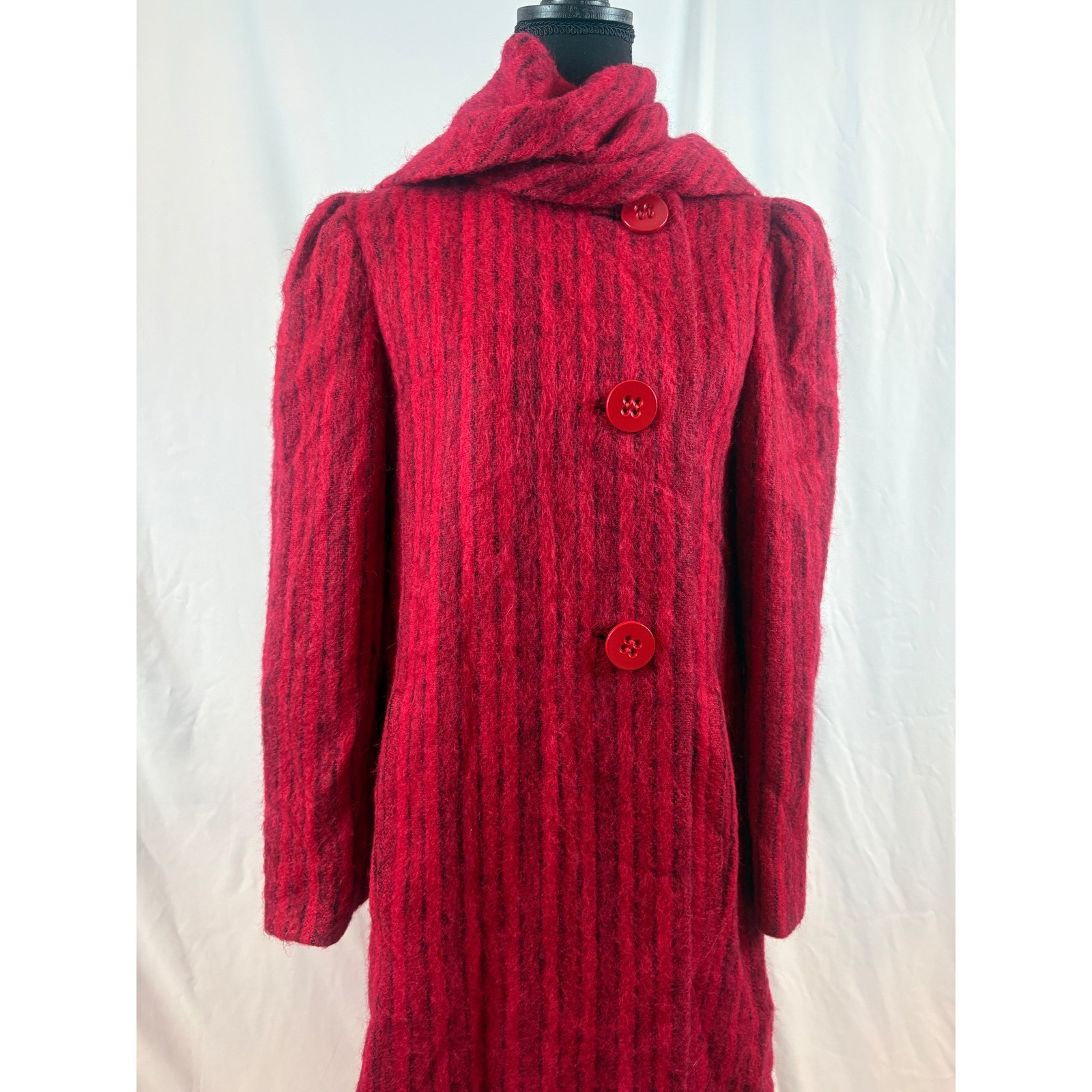 Vintage Pauline Trigere Red Black Stripe Mohair Wool Maxi Coat Scarf Collar 10