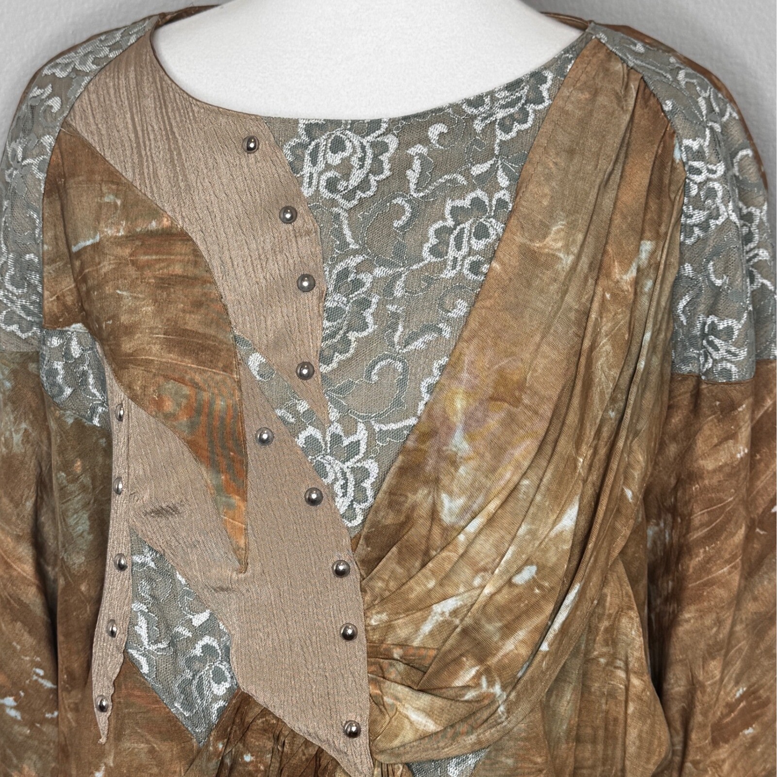 VTG MON-LIZE 80s Tunic Top MED/LG Mixed Media Made France Brown Artsy Lagenlook