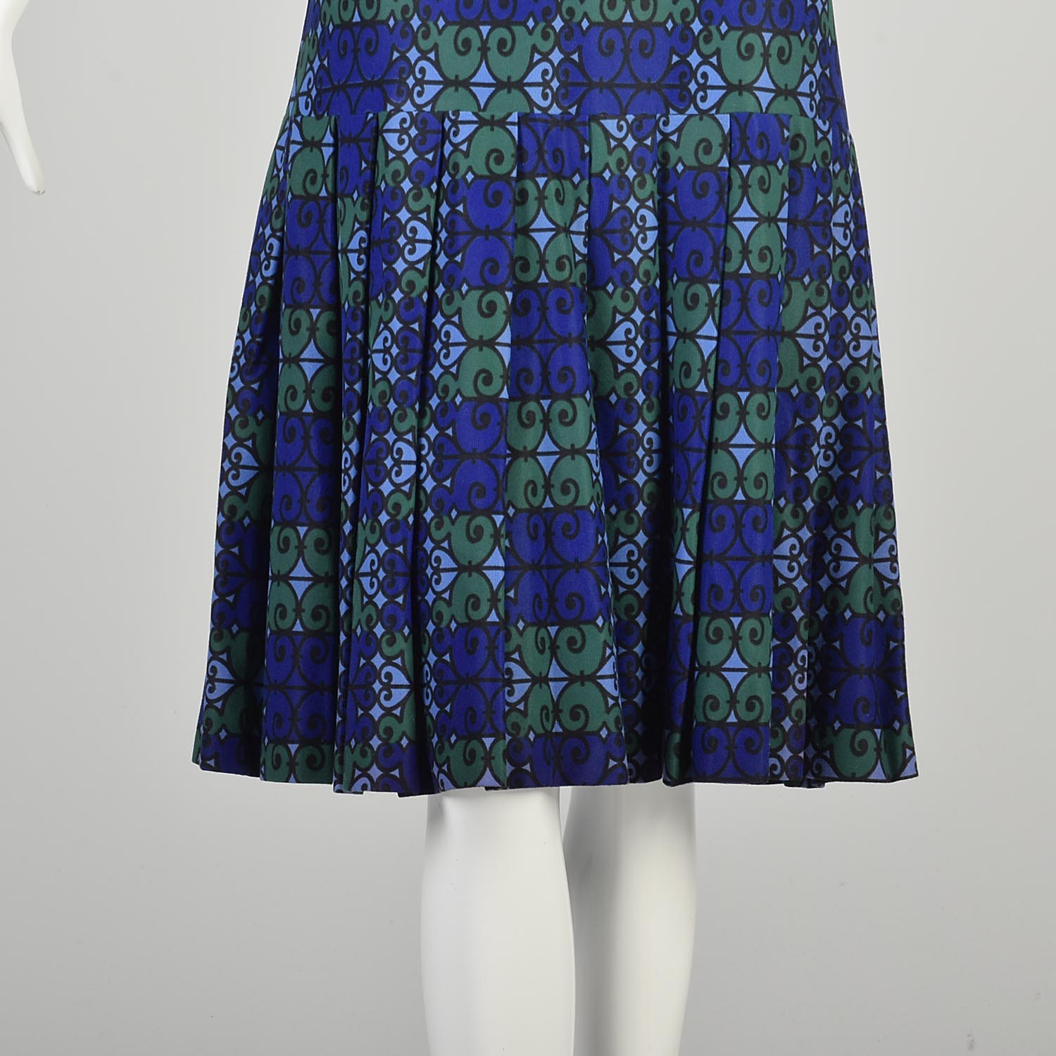 Large 1960s Blue Green Swirl Dress Bow Collar Half Sleeve Drop Waist Pleated