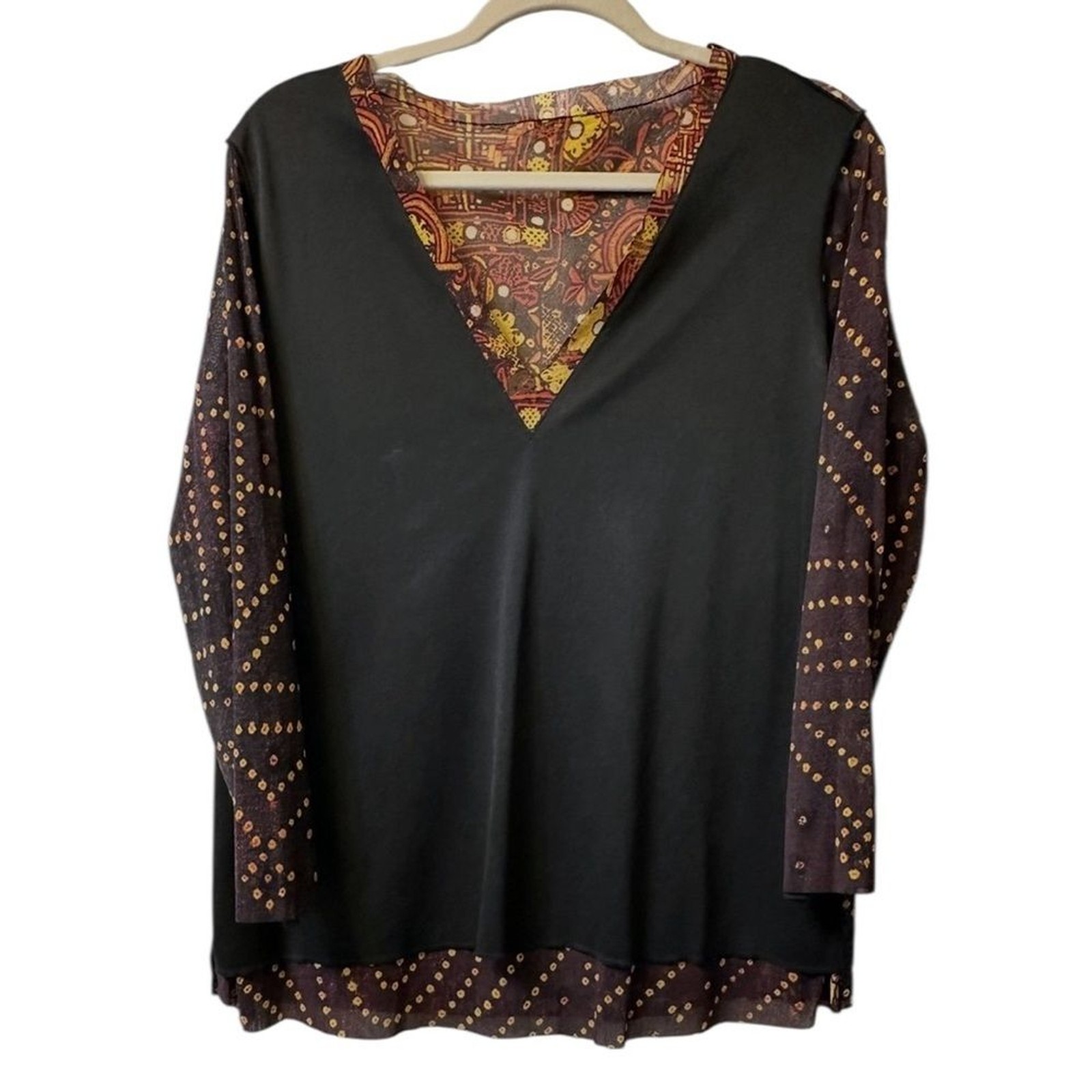 Vivienne Tam Vintage 1990s Black Yellow Floral Boho Print Stretch Mesh Top L XL