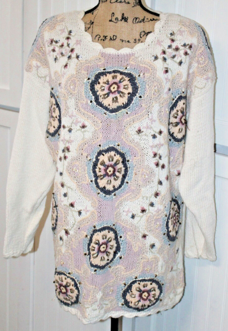 Vtg Jennifer Reed Hand Knit Long Crew Floral Medallion Embroidered Sweater XL