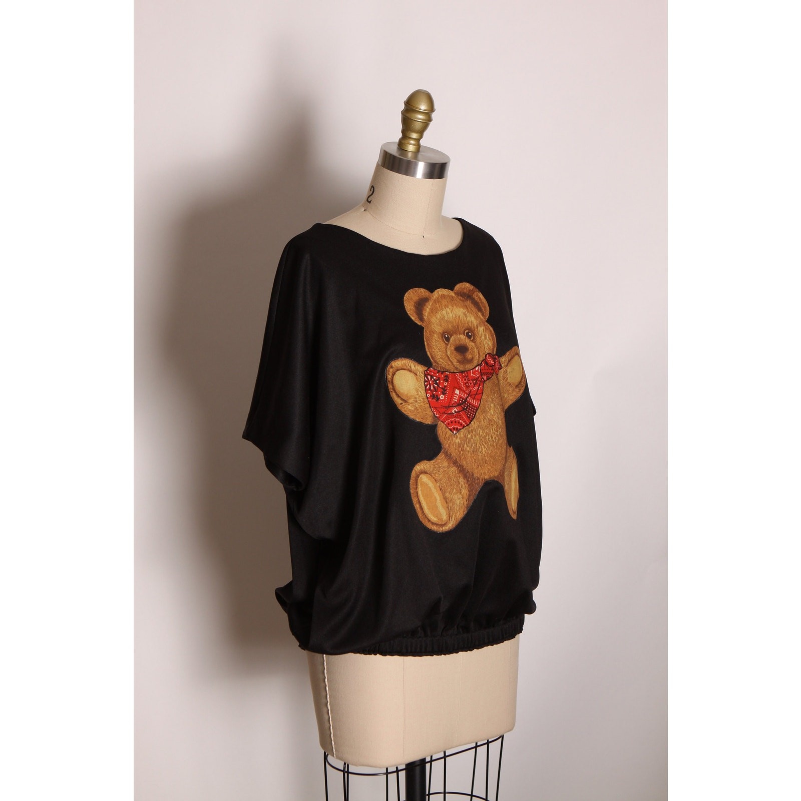 1970s Black Brown Red Short Sleeved Draped Western Bandana Teddy Bear Blouse