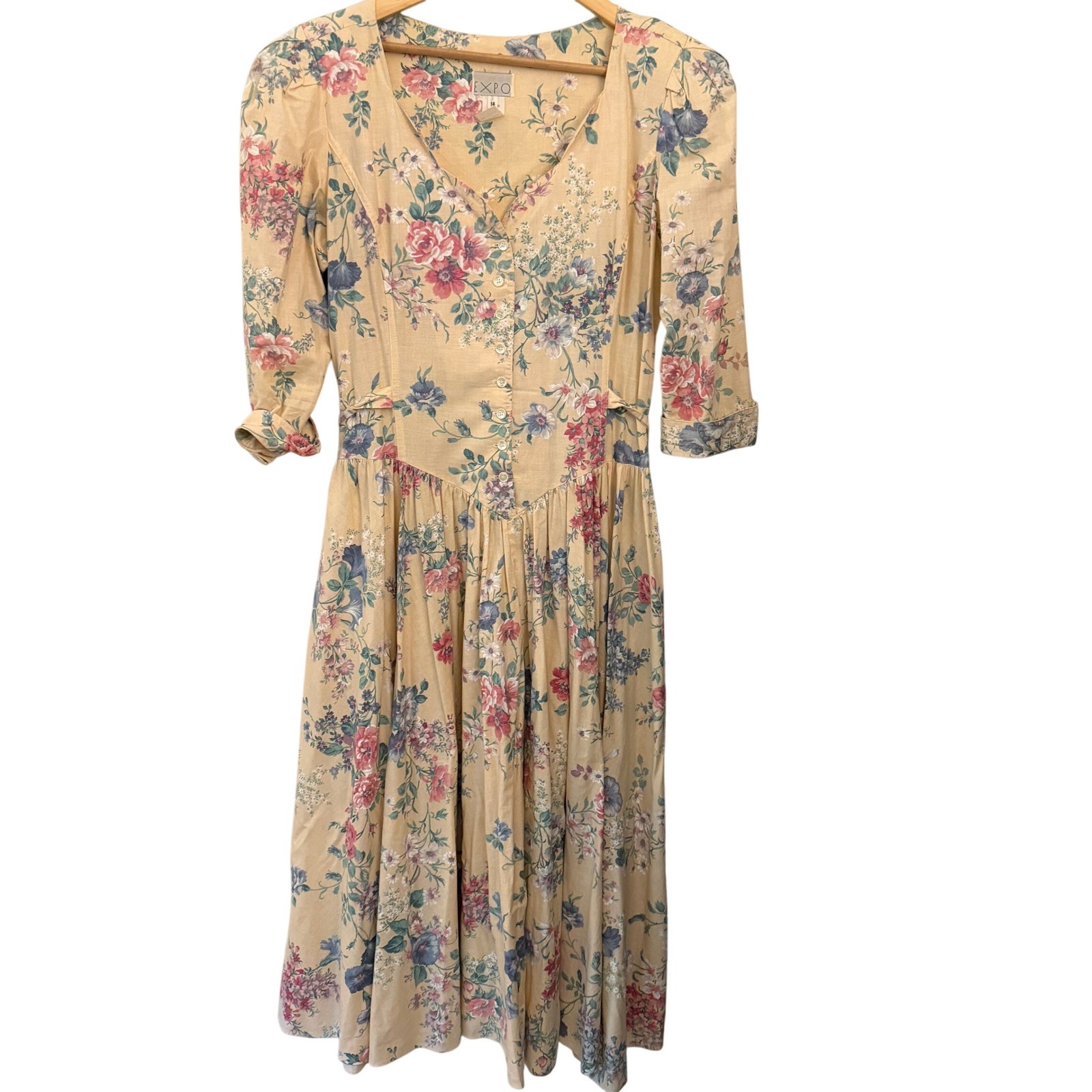 Expo Floral Midi Dress Womens 14 Yellow Cotton Vintage 90s Cottagecore Made USA