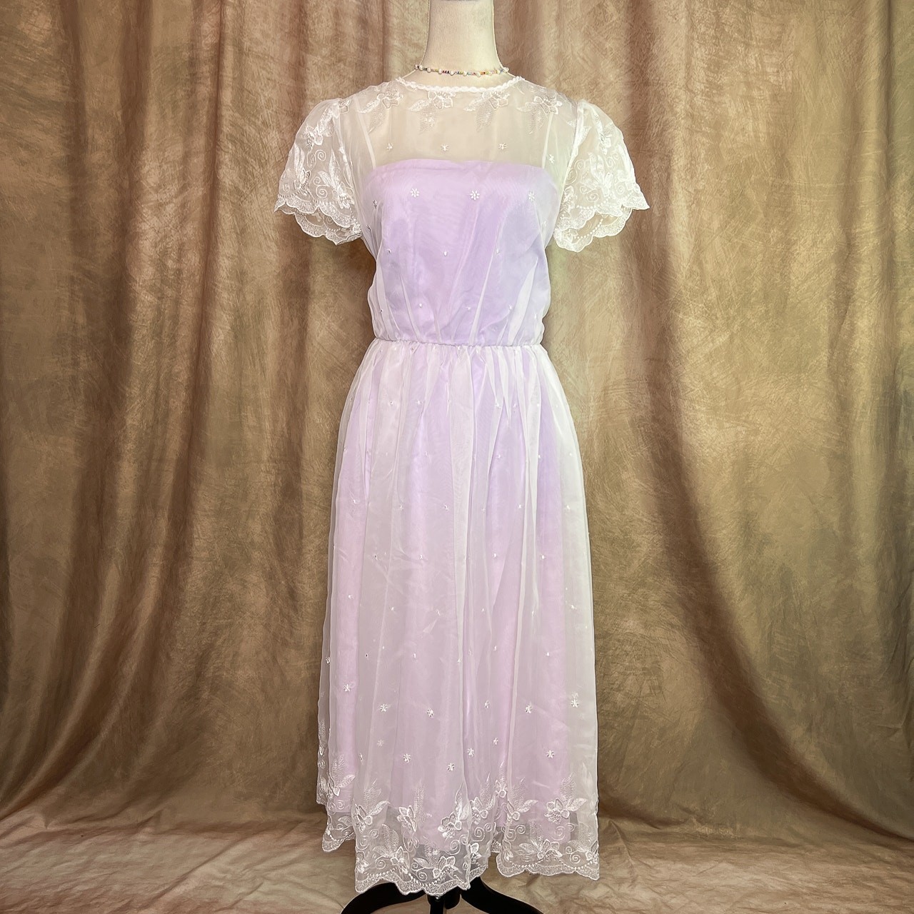 Vintage Coquette Dress 70s Sheer Mesh Floral Embroidered Lavender Tea Party