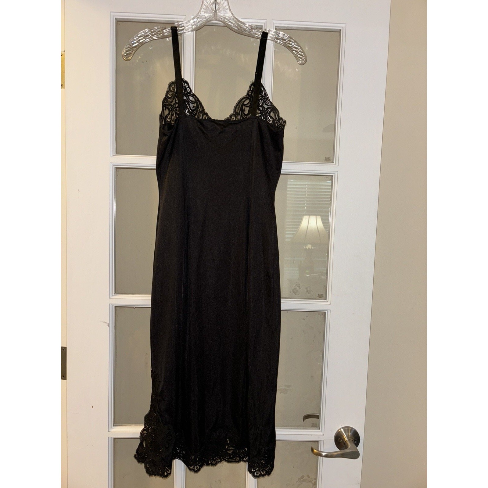 Shadowline black vintage slip night dress gown sleeveless lace nylon USA 32 tall