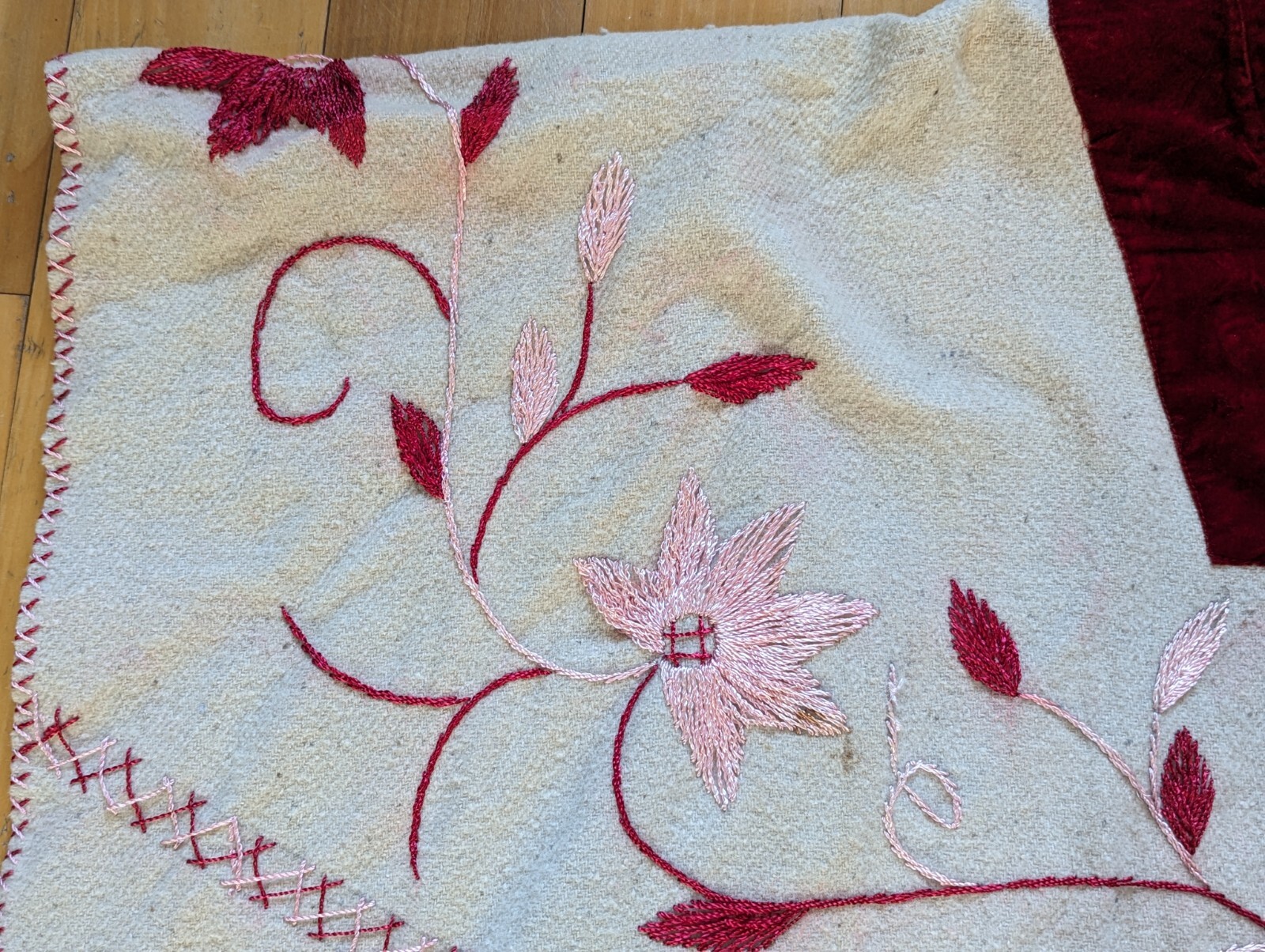 VTG Boho Chic Hippie Unbleached Wool Red Velvet Embroidered Fringe Poncho OOAK