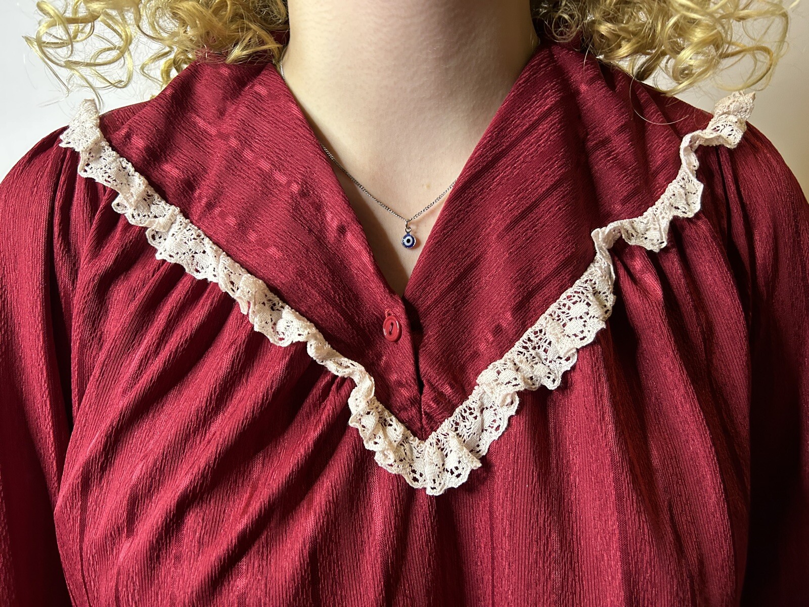 Vintage Australian ARC 80s Burgundy Midi Trapeze Dress Lace Yoke Pinstripe AU 14