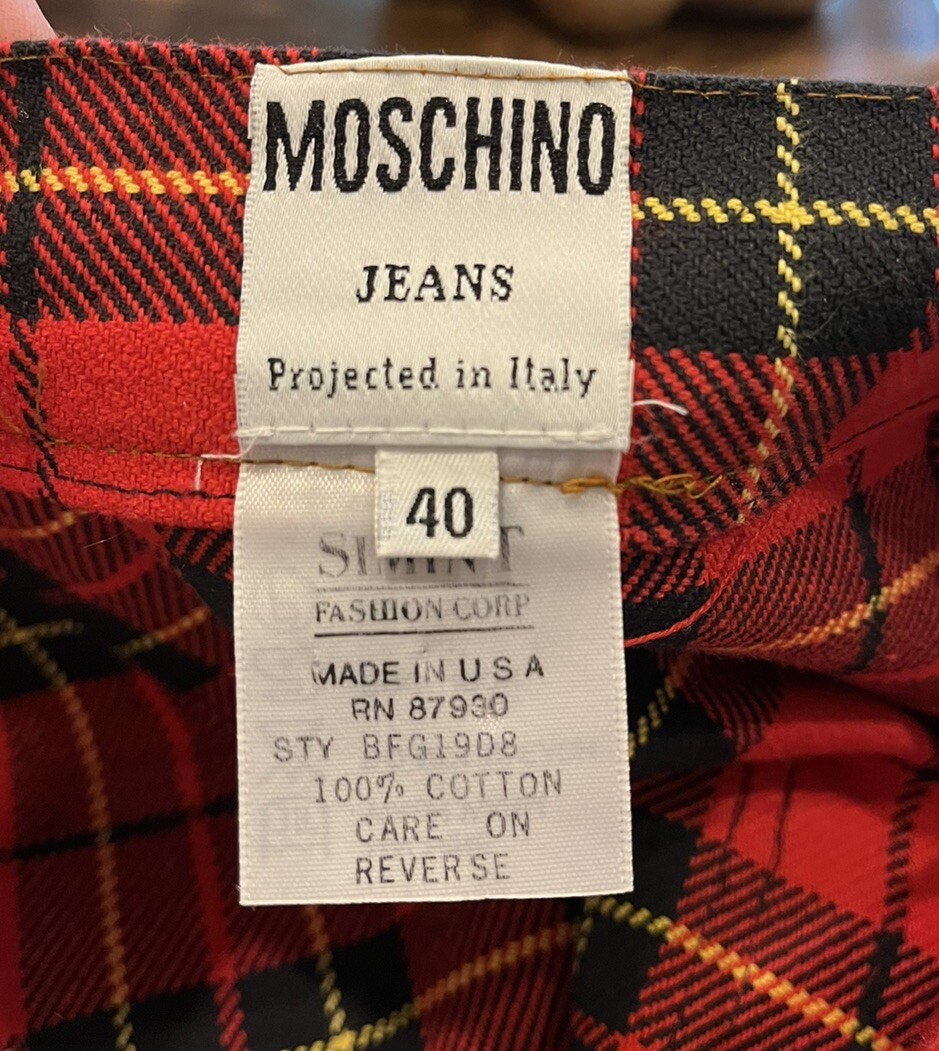 VTG 90’s Moschino Jeans Red Black Plaid Schoolgirl Pleated Leather Peace Skirt