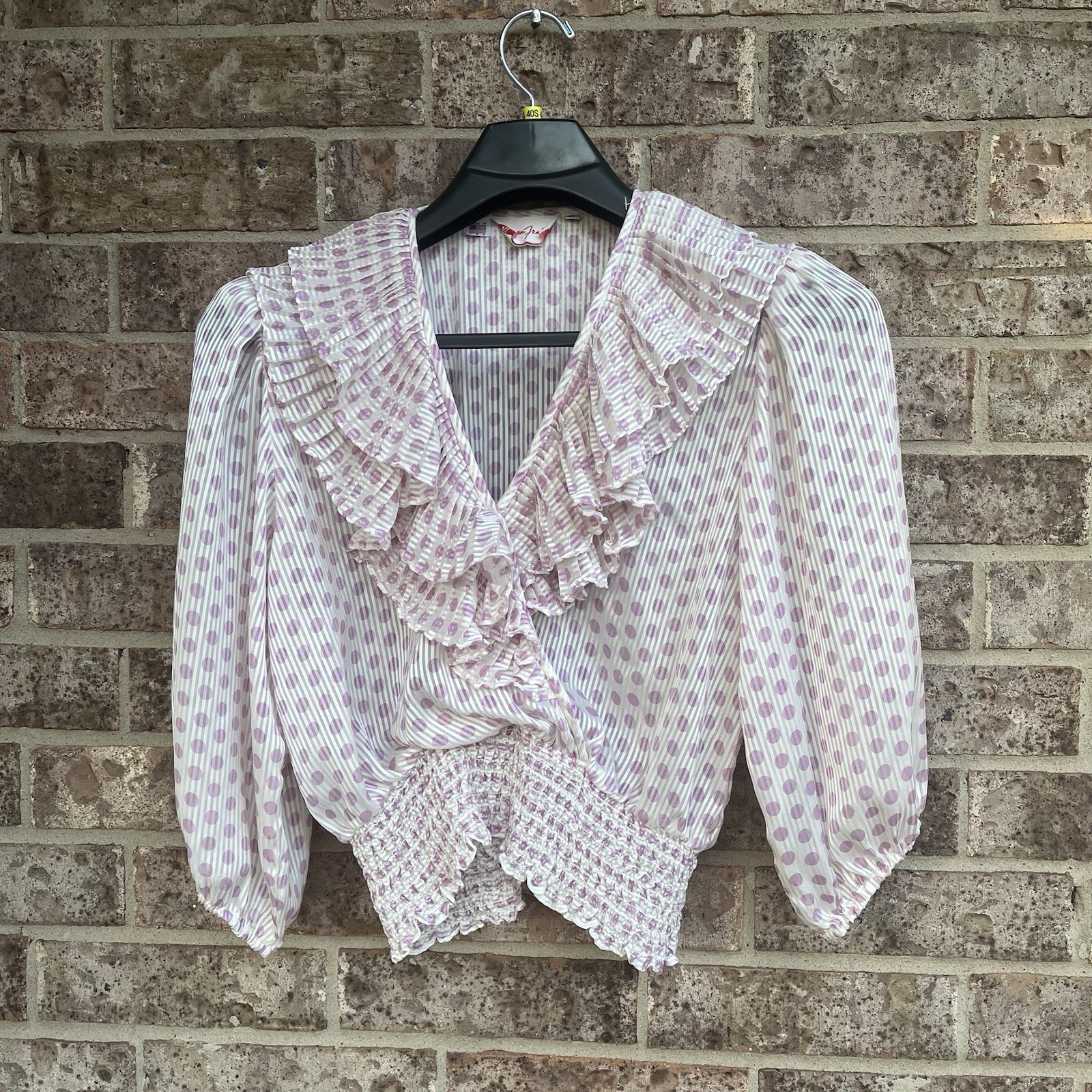 Susan Freis Vintage 80s Sheer Ruffled Boho Blouson Top Pink Polka Dot Small USA