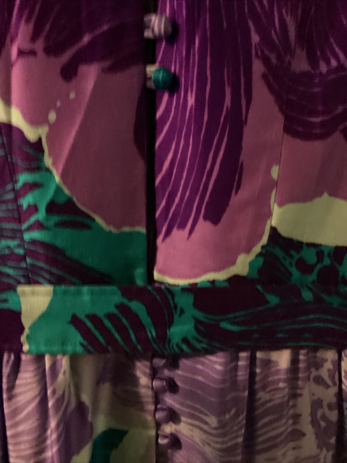 VTG Kiyomi Hawaii Maxi Dress Purples & Blues Button Front Belt Sleeveless Sz 12