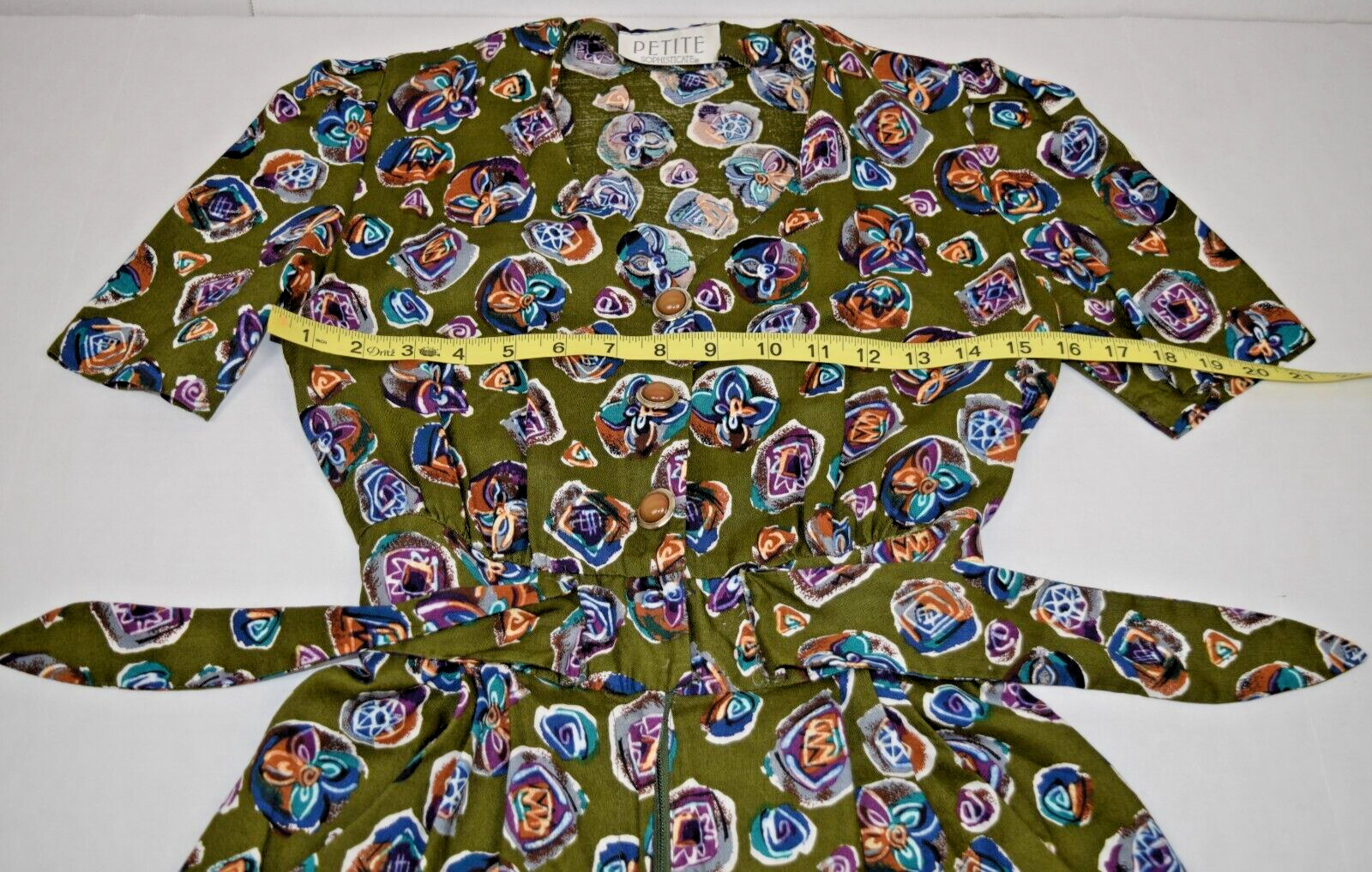 Vintage Romper Petite Sophisticate Size S 90s Olive Green Watercolor Rayon