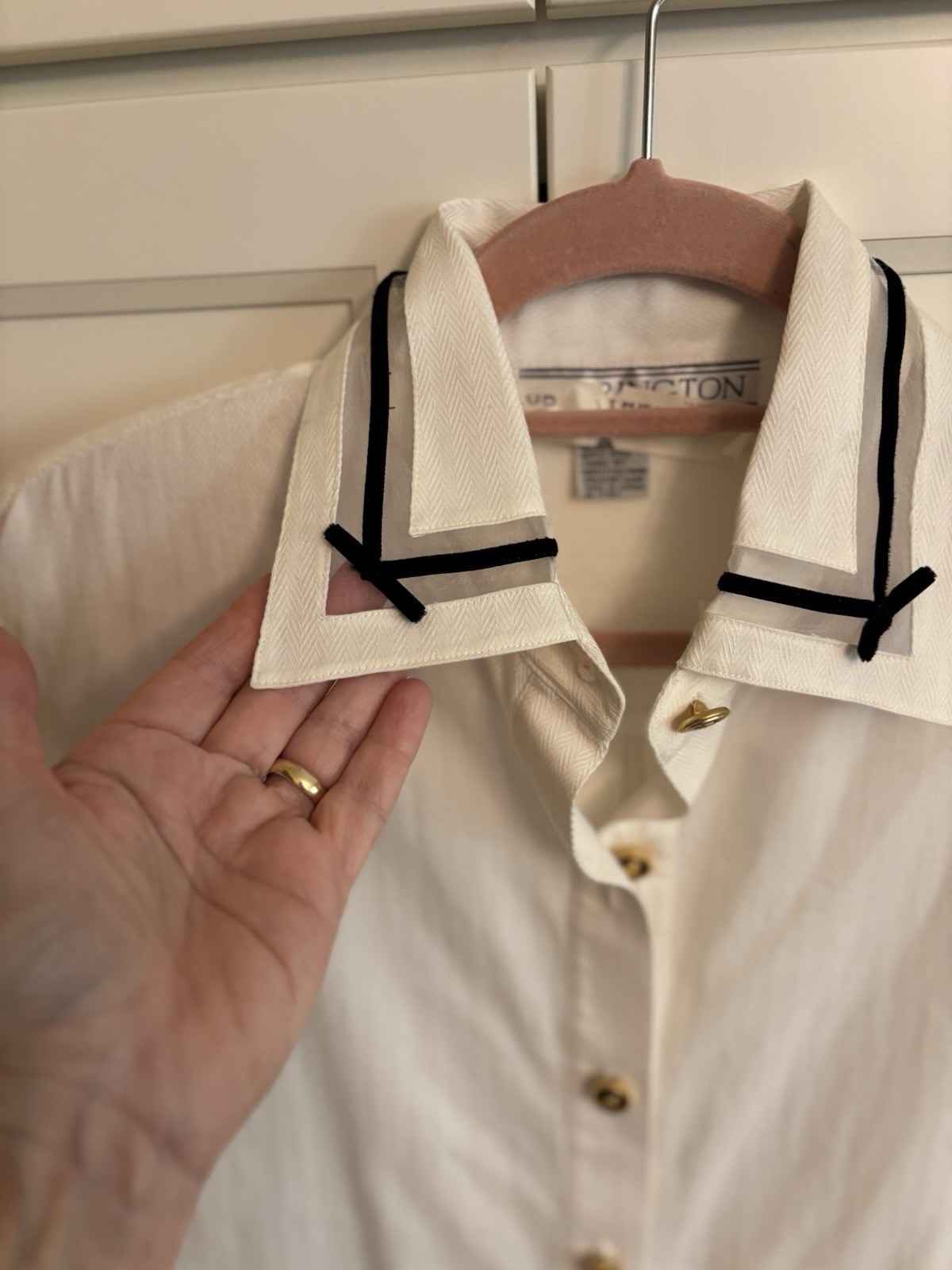 Vintage Starington Blouse By Charlotte White w/black Velvet Trim French Cuffs