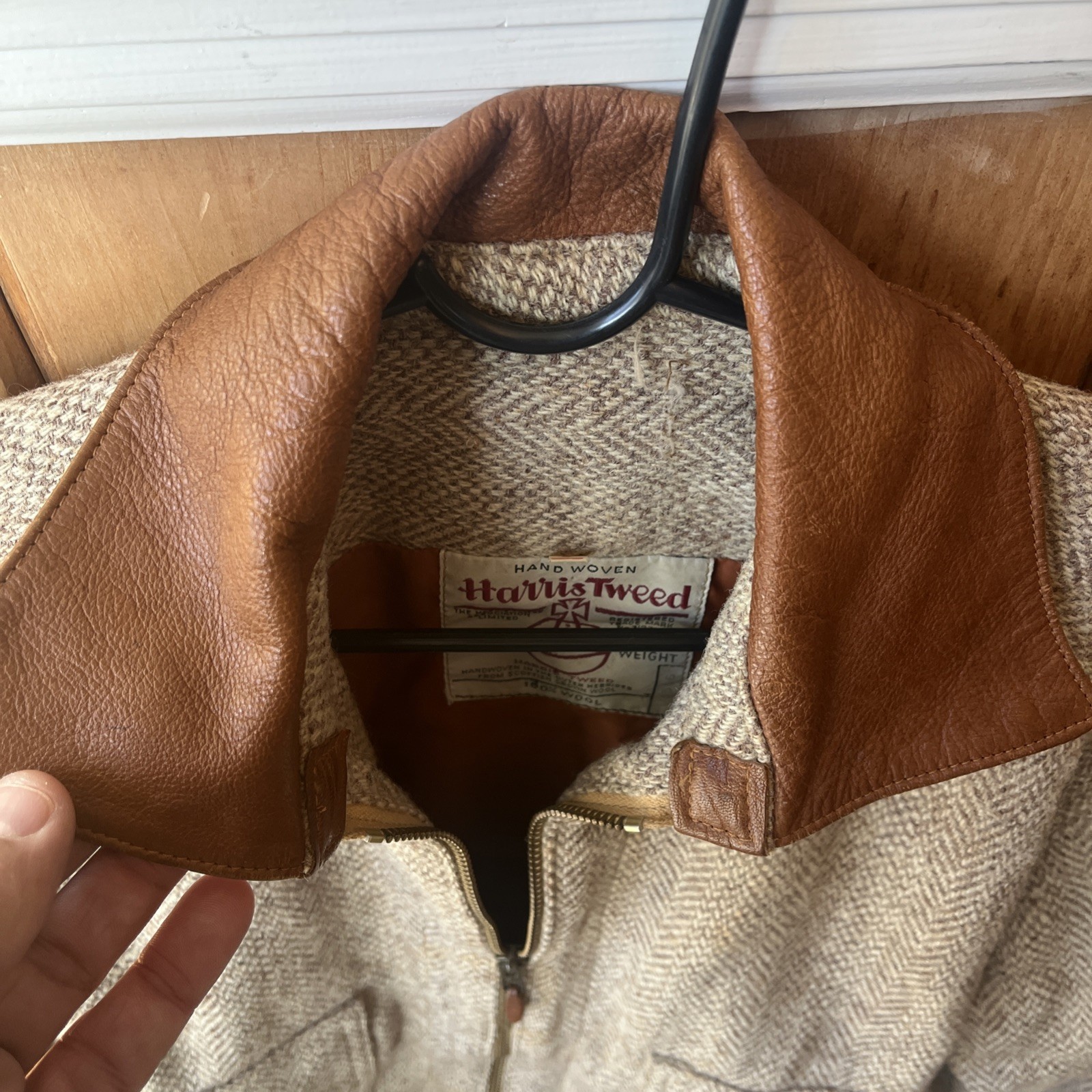 Vtg Harris Tweed Wool Jacket Size S Brown Leather Elbow Patch & Collar Zip READ