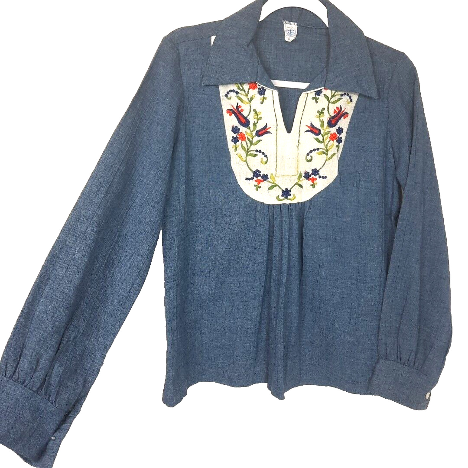Vintage 70s Embroidered Big Collar Smock Top Large Union ILGWU Blue Hippie Boho