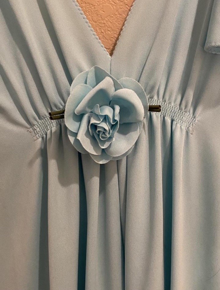 True Vintage Handmade Baby Blue 70s Maxi Dress Prom Formal Rosette XS/s/m AS IS