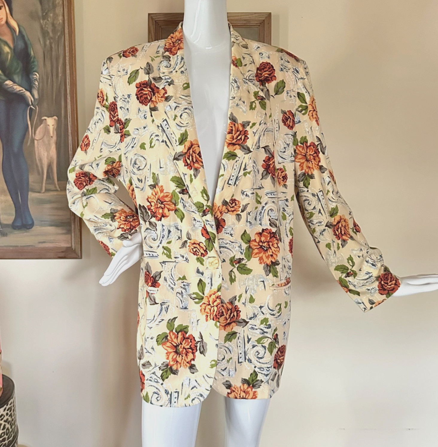 Vintage 90s Yellow Garden Floral Yuppie Blazer Work Wear Coat Jacket L/XL Volup