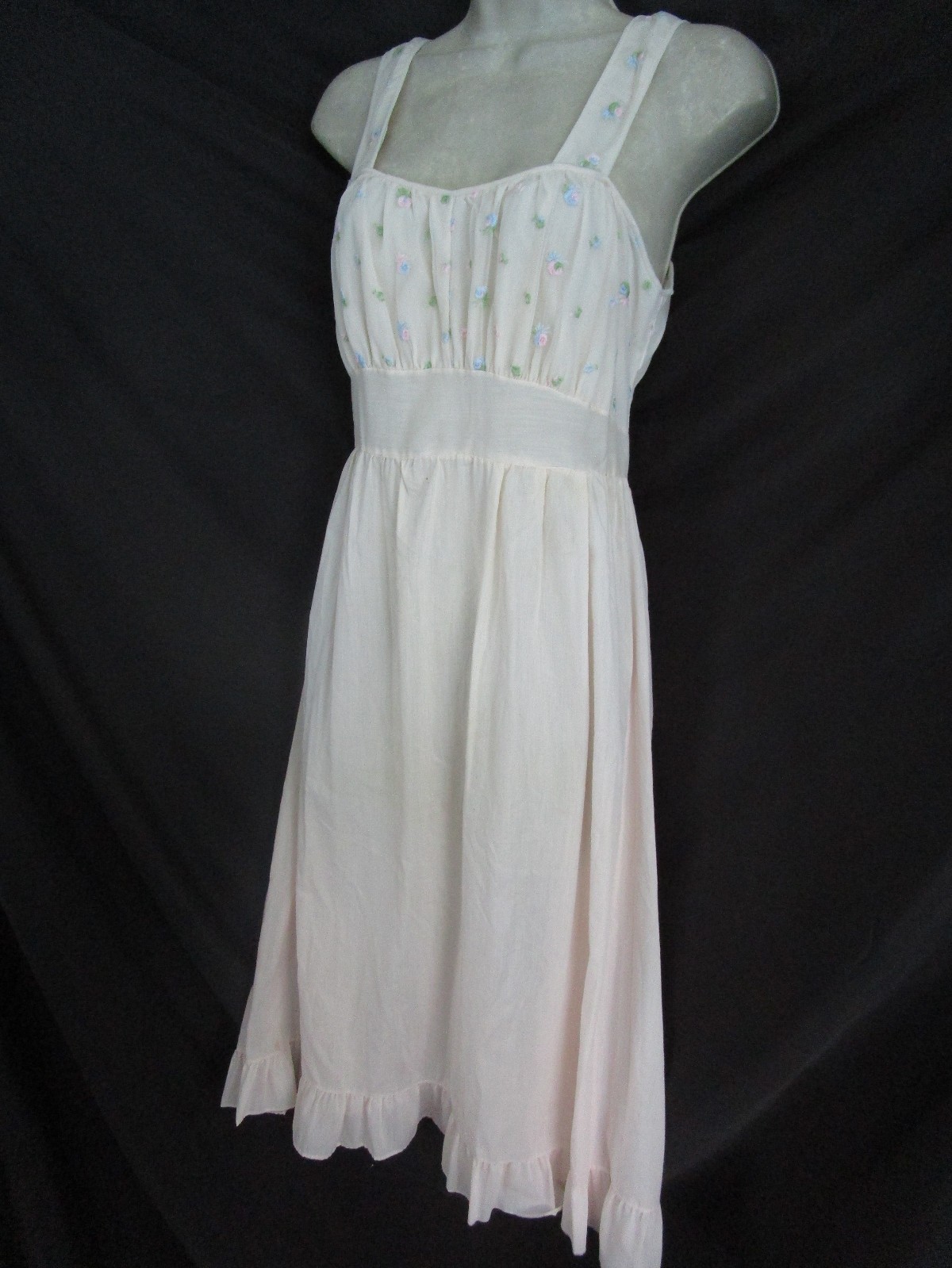 Vtg 60s Faerie Dacron Nylon Cotton Embroidery Trim Thin Nightgown Slip Dress 32
